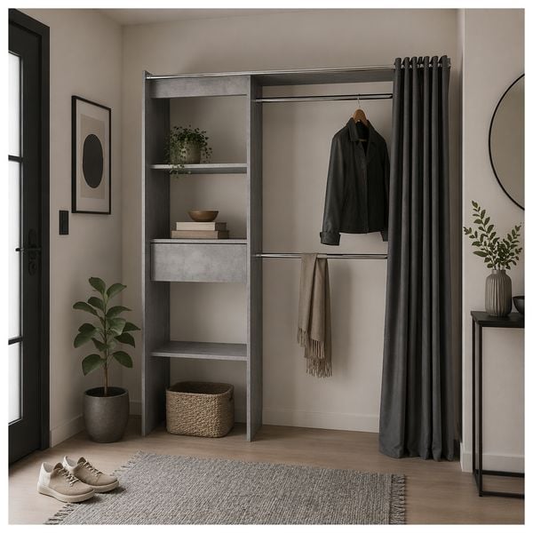 HTI-Living Offene Garderobe mit Vorhang Betonoptik Offene Garderobe mit Vorhang Betonoptik