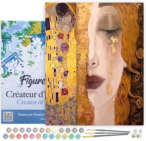 FiguredArt PN2088-Y - Malen nach Zahlen, Gustav Klimt, Leinen-Keilrahmen (40x50cm), Malset, Paint by Numbers