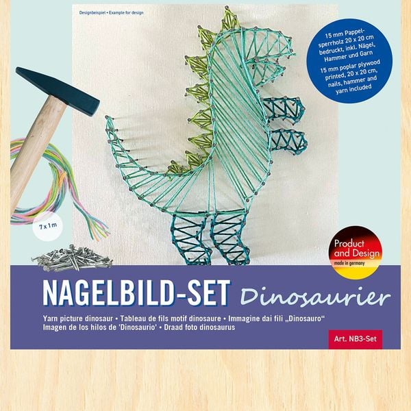 PEBARO NB3-SET - Nagelbild-Set Dinosaurier, Fadenbild 20x20cm, String Art Bastelset inkl. Garn, Hammer und Nägel
