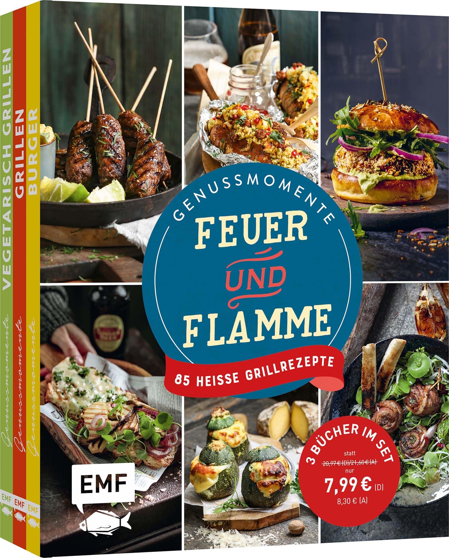 Genussmomente: Feuer und Flamme: 85 heiße Grillrezepte von Veggie bis Burger | 3 Bücher im Set für alle Grilltypen – ob für Kugelgrill, Smoker, Elektrogrill, Kontaktgrill, Gasgrill oder Holzkohlegrill