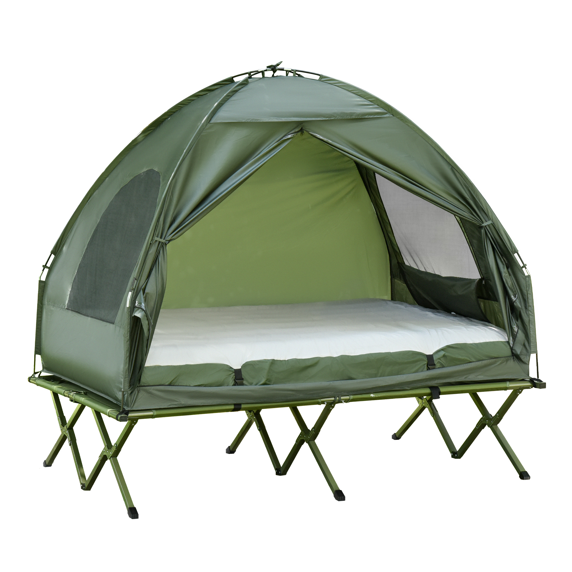 Outsunny Erhöhtes Campingbett mit Kuppelzelt und Luftmatratze inkl. Pumpe, Taft, grün, 193 x 136 x 178 cm für Outdoor Abenteuer   Aosom.de