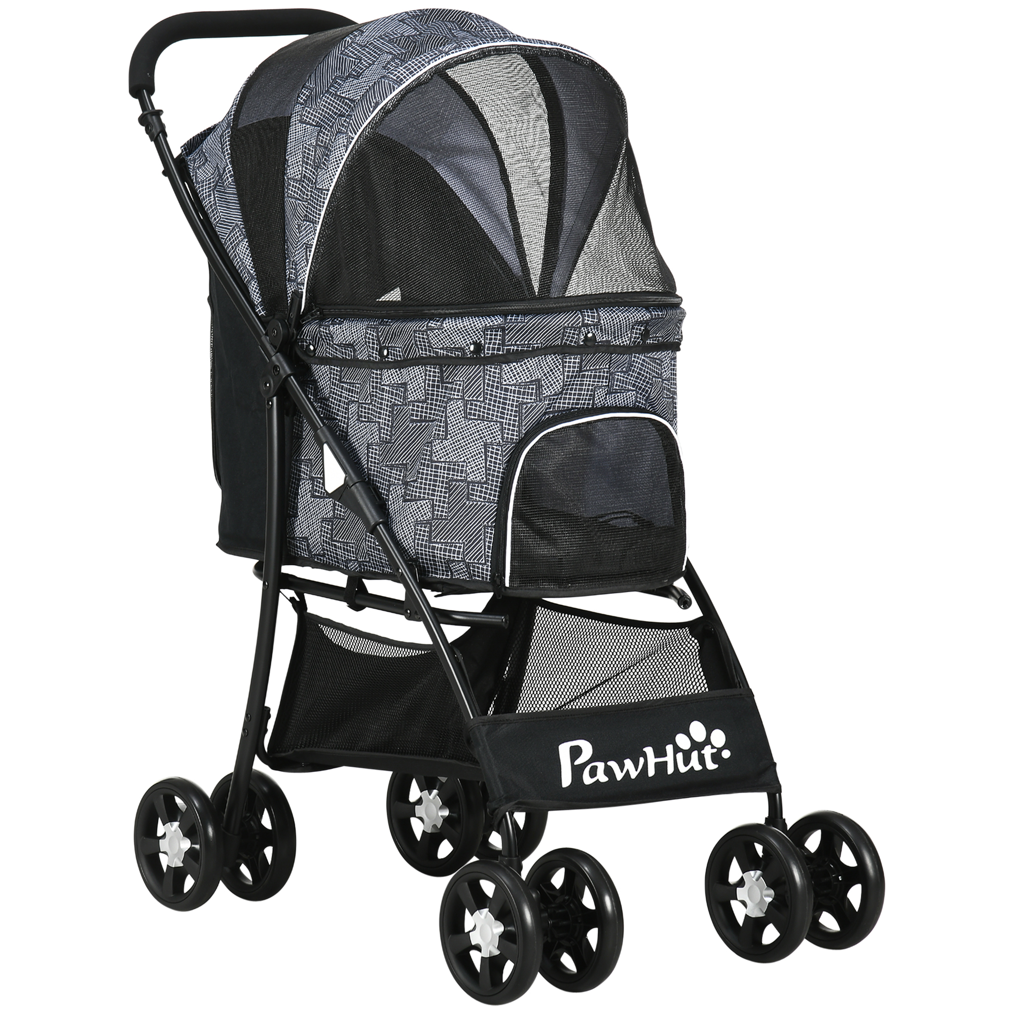 PawHut Hunde Buggy faltbar Hundetrolley mit Kissen für Hunde & Katzen, Netzfenster, Stauraum, Oxfordstoff, 81 x 48 x 99 cm, Grau Schwarz   Aosom.de