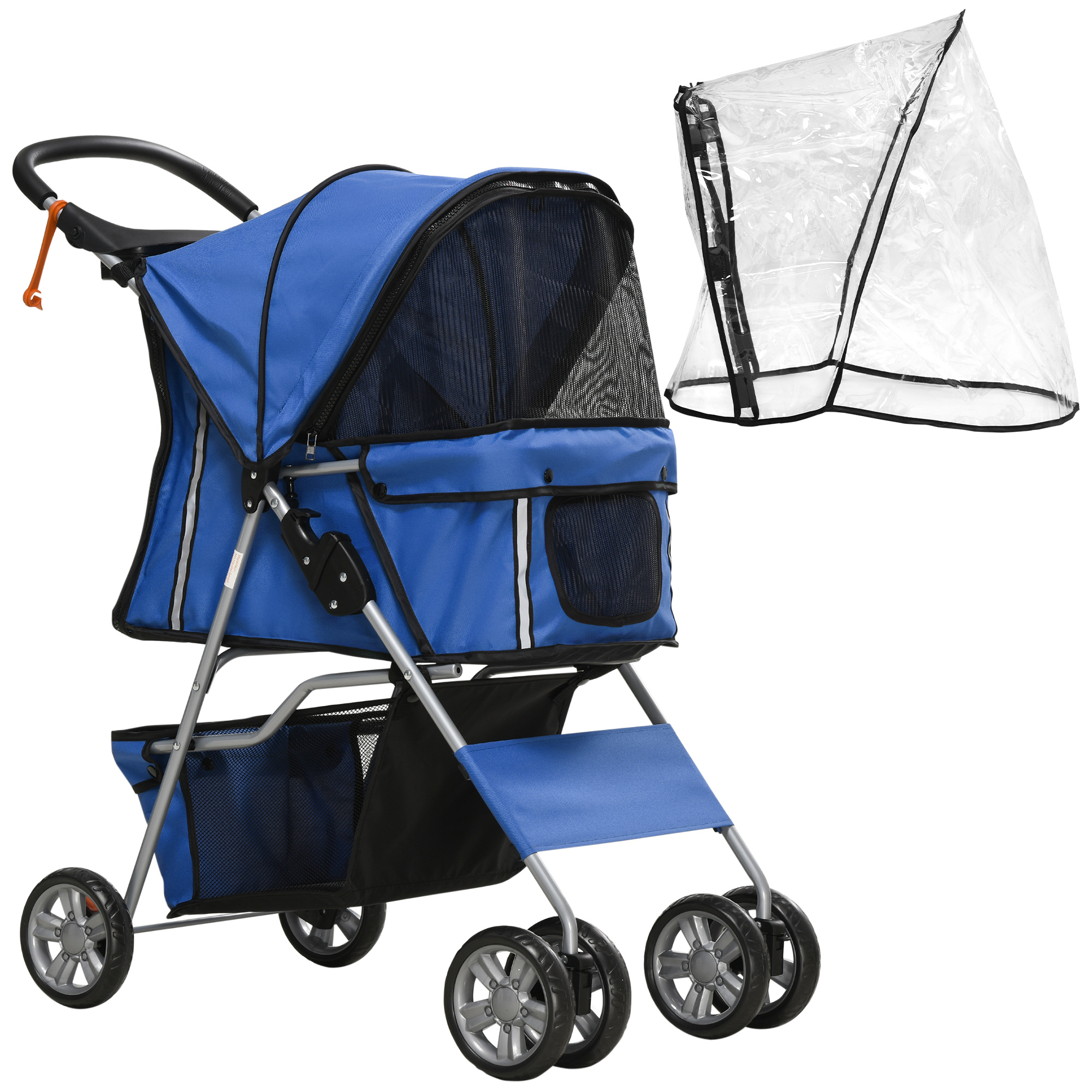 PawHut Hundebuggy, Hundewagen mit Regenverdeck, faltbar Hundetrolley bis 20 kg, mit Becherhalter, Netzfenster, Katzenwagen, Blau, 75x45x97cm Aosom