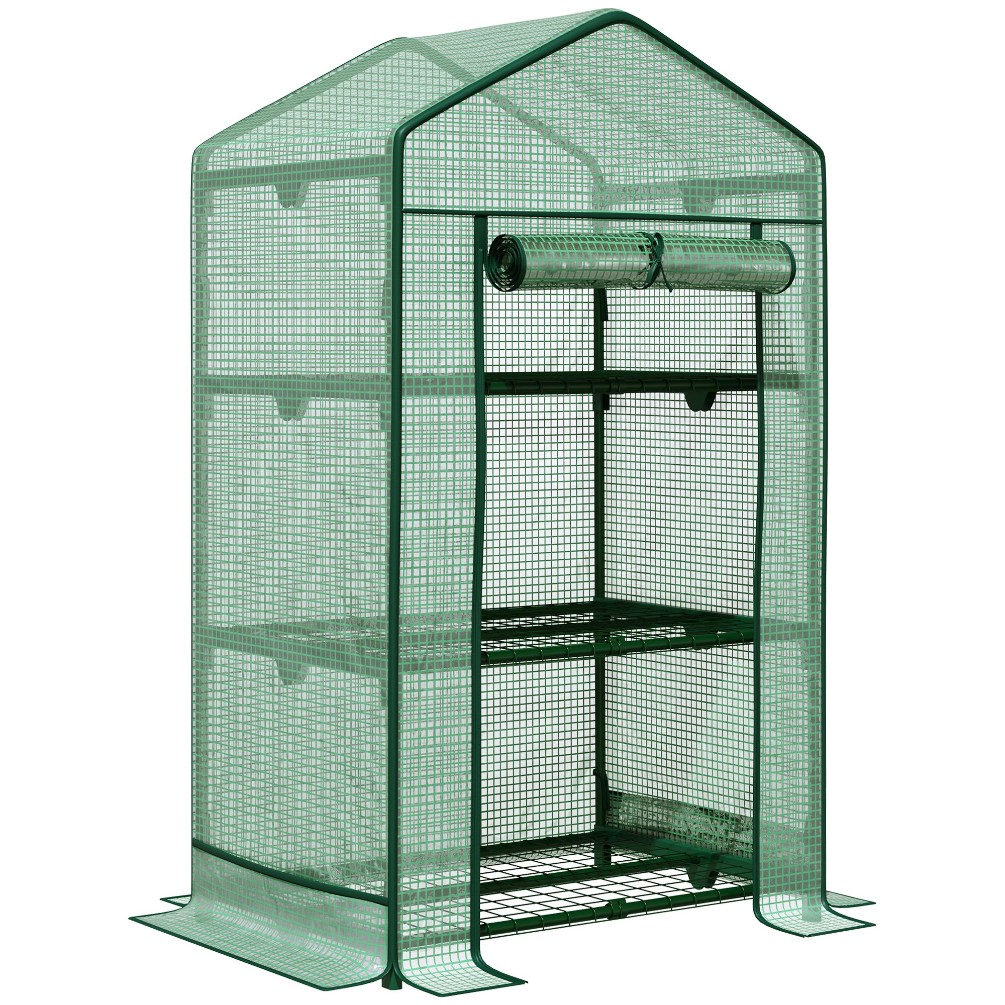 Outsunny Mini-Gewächshaus Anzuchtgewächshaus mit Folienabdeckung und 3 Regalböden, Rolltür, Gemüsebeet in Grün 69 x 49 x 125 cm für Gartenliebhaber   Aosom.de
