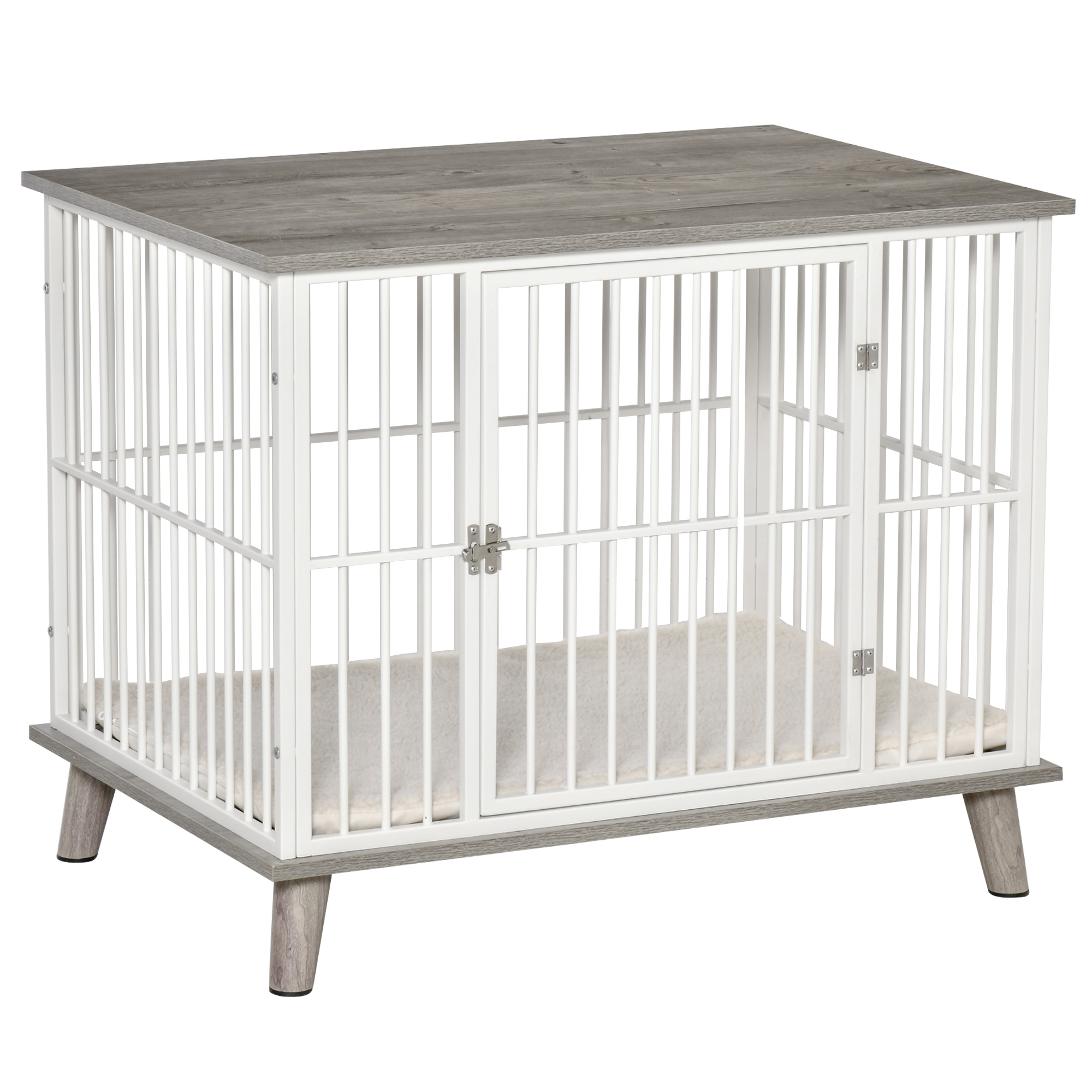 PawHut Hundebox Holzoptik mit Tischplatte und Kissen für mittelgroße Hunde 86x60x70cm in Weiß und Grau Aosom.de