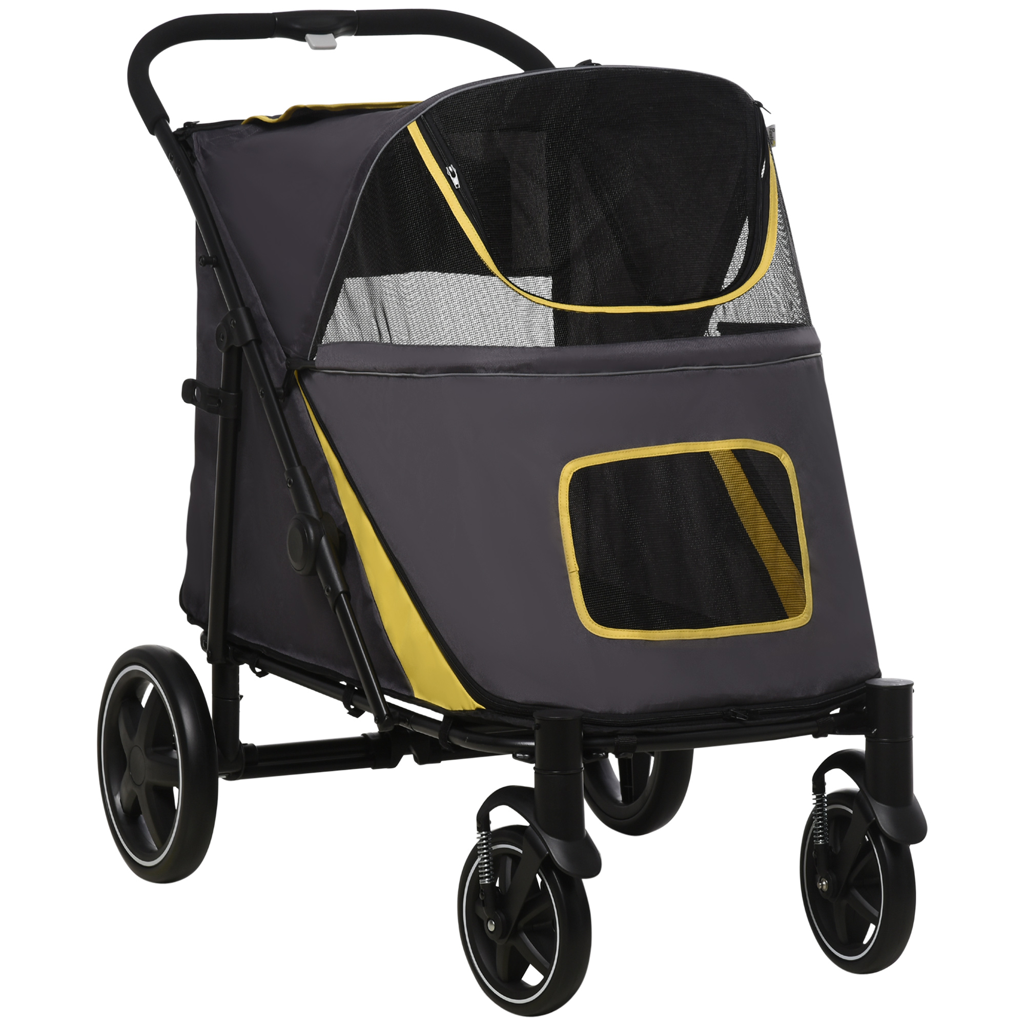 PawHut Hundewagen Hundebuggy faltbar mit Kissen und Sicherheitsleinen, Katzenbuggy mit Netzfenster und Seitentasche aus Oxfordstoff in Dunkelgrau Aosom.de