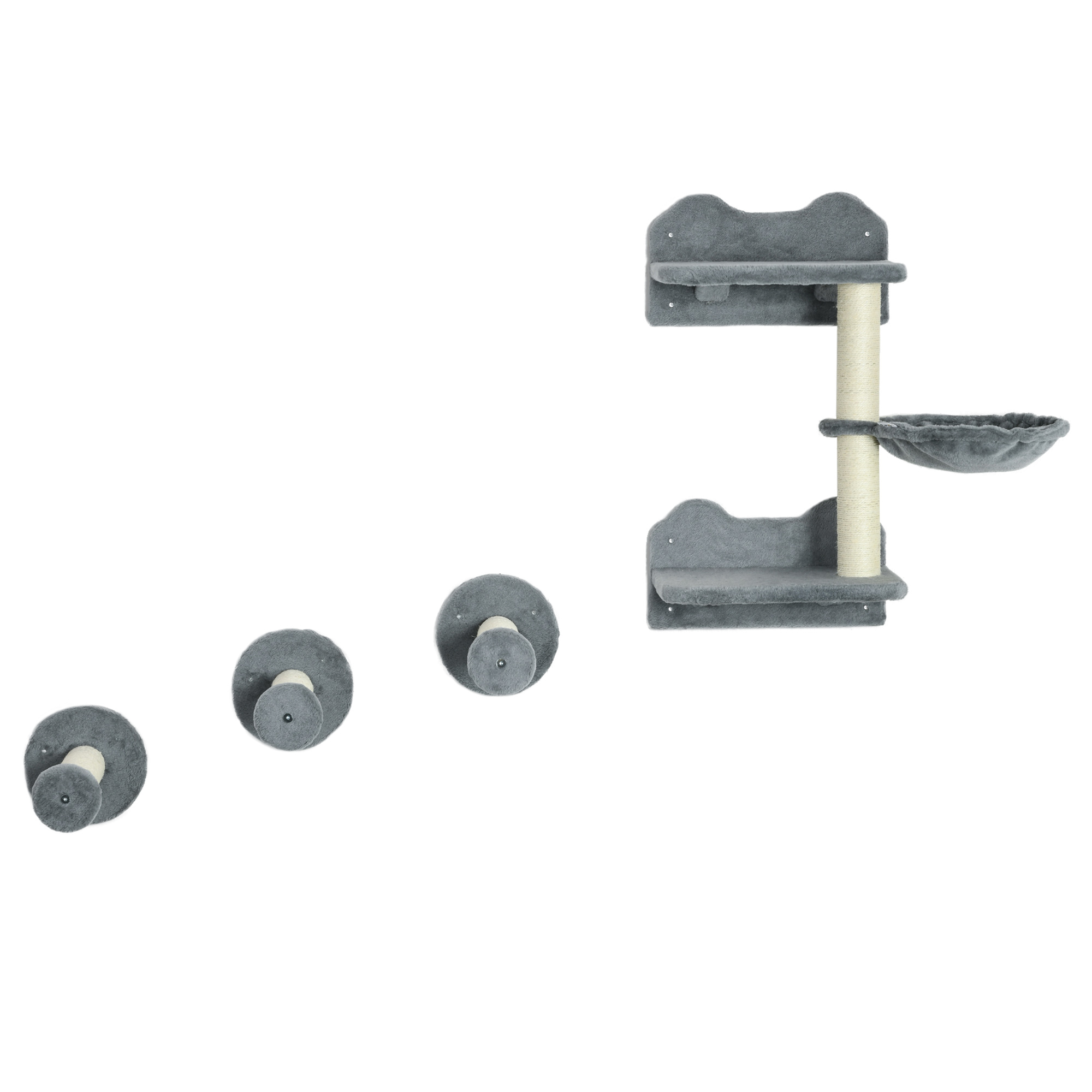 PawHut Katzen kletterwand set, Kletterwand, Katzentreppe, 4-tlg. Set, mit Kratzbaum, Hängematte, grau+cremeweiß, 40 x 28 x 73cm5   Aosom