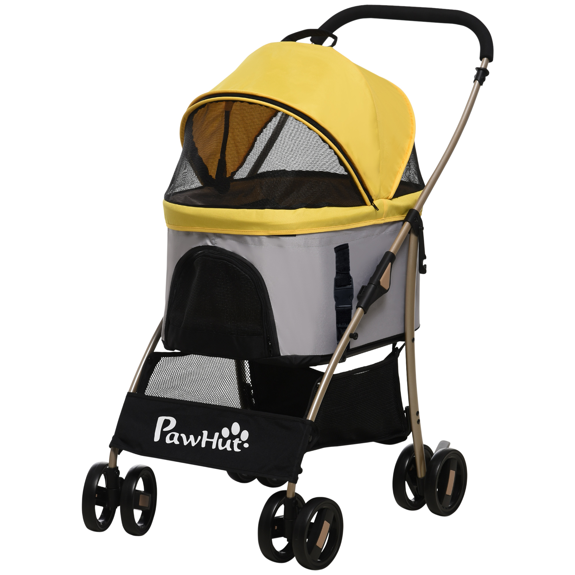 PawHut Hundewagen 2-in-1 Hundetrolley & Tragetasche, faltbarer Hundebuggy mit Kissen, 4 Rädern, Netzfenster, Oxfordstoff, Gelb Aosom