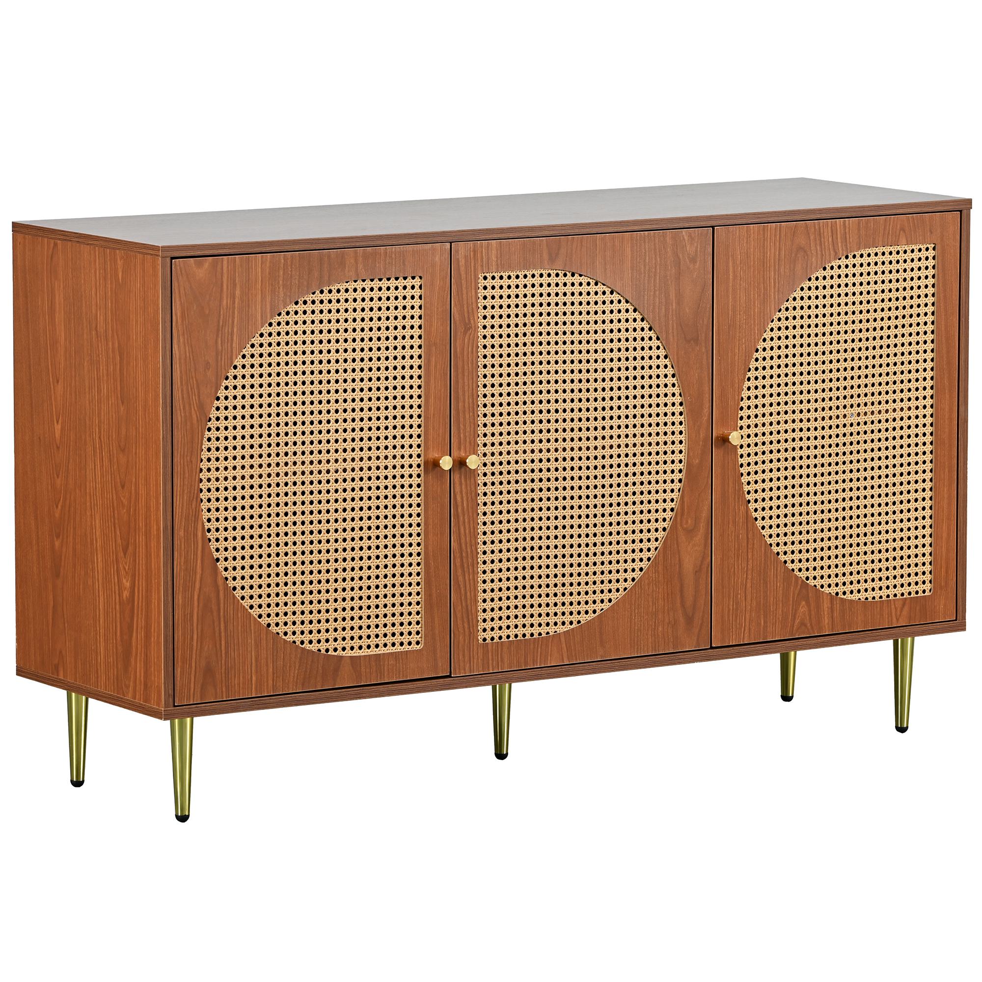 Rattan Sideboard 130cm Wohnzimmer Sideboard mit Stauraum 3 Rattan-Türen Naturfarbe Esszimmer Schlafzimmer 129.8x40x76 cm Aosom.de