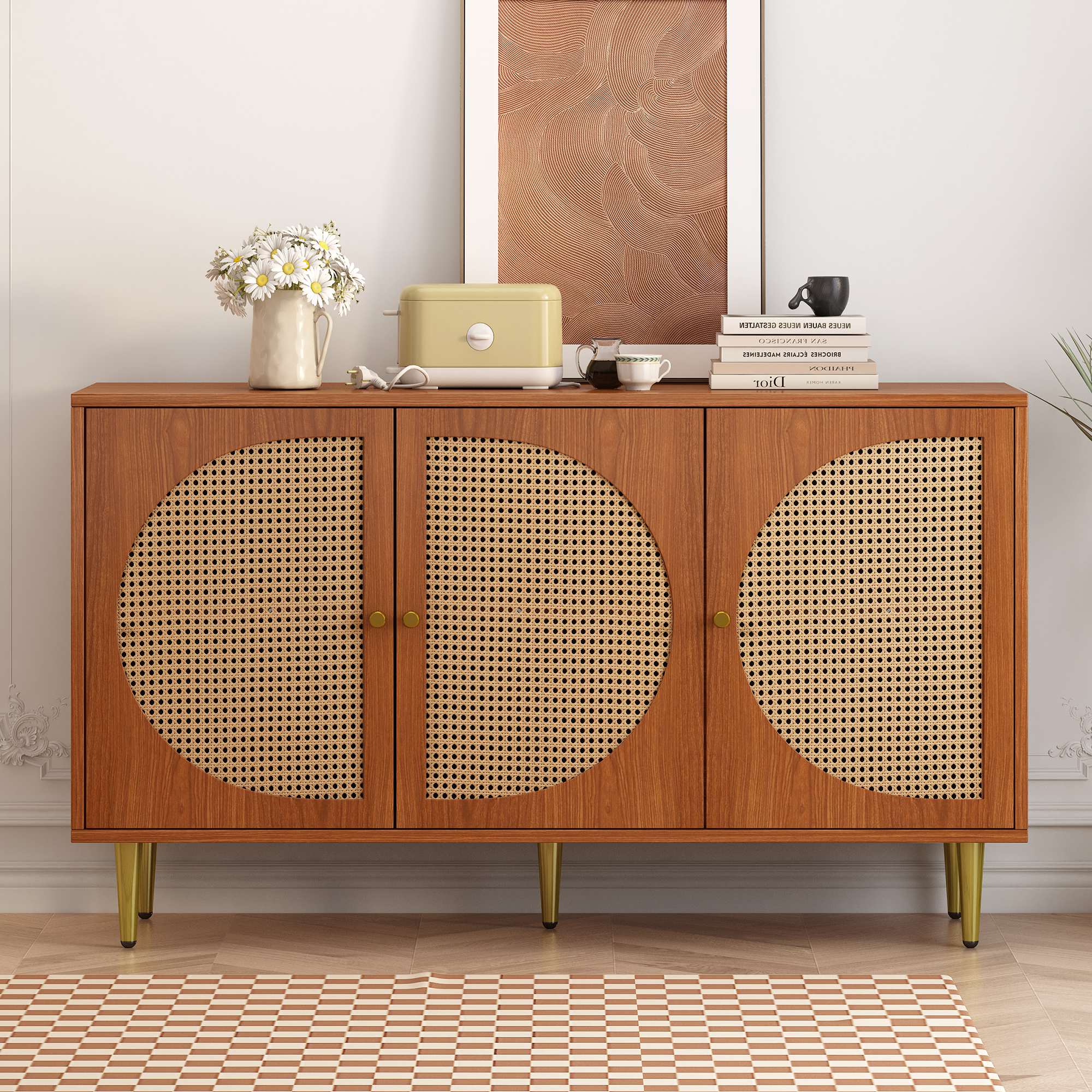 Rattan Sideboard 130cm Wohnzimmer Sideboard mit Stauraum 3 Rattan-Türen Naturfarbe Esszimmer Schlafzimmer 129.8x40x76 cm   Aosom.de