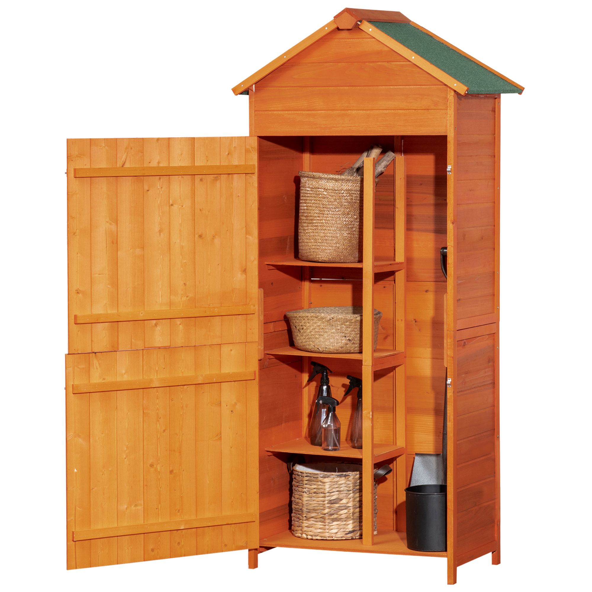 Outsunny Gartenschrank, Holz-Geräteschuppen, Geräteschrank mit Asphaltdach, Doppeltür, Gartenhaus mit 3 Regalböden, Doppeltür für Schaufeln und Harken, Orange, 84 x 52 x 188 cm   Aosom