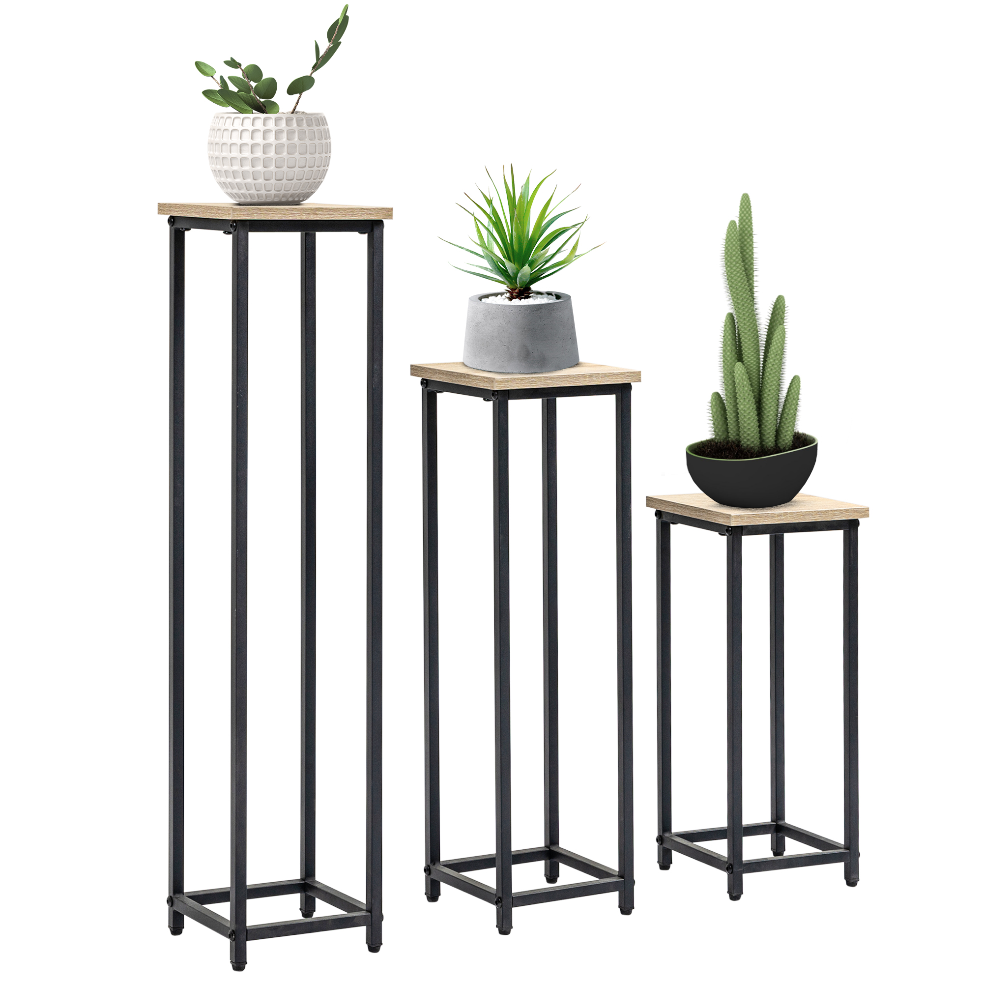 Outsunny Pflanzenständer Set 3-teilig Blumenhocker & Blumentopfhalter aus Stahl Schwarz und Natur für Garten & Balkon Aosom.de