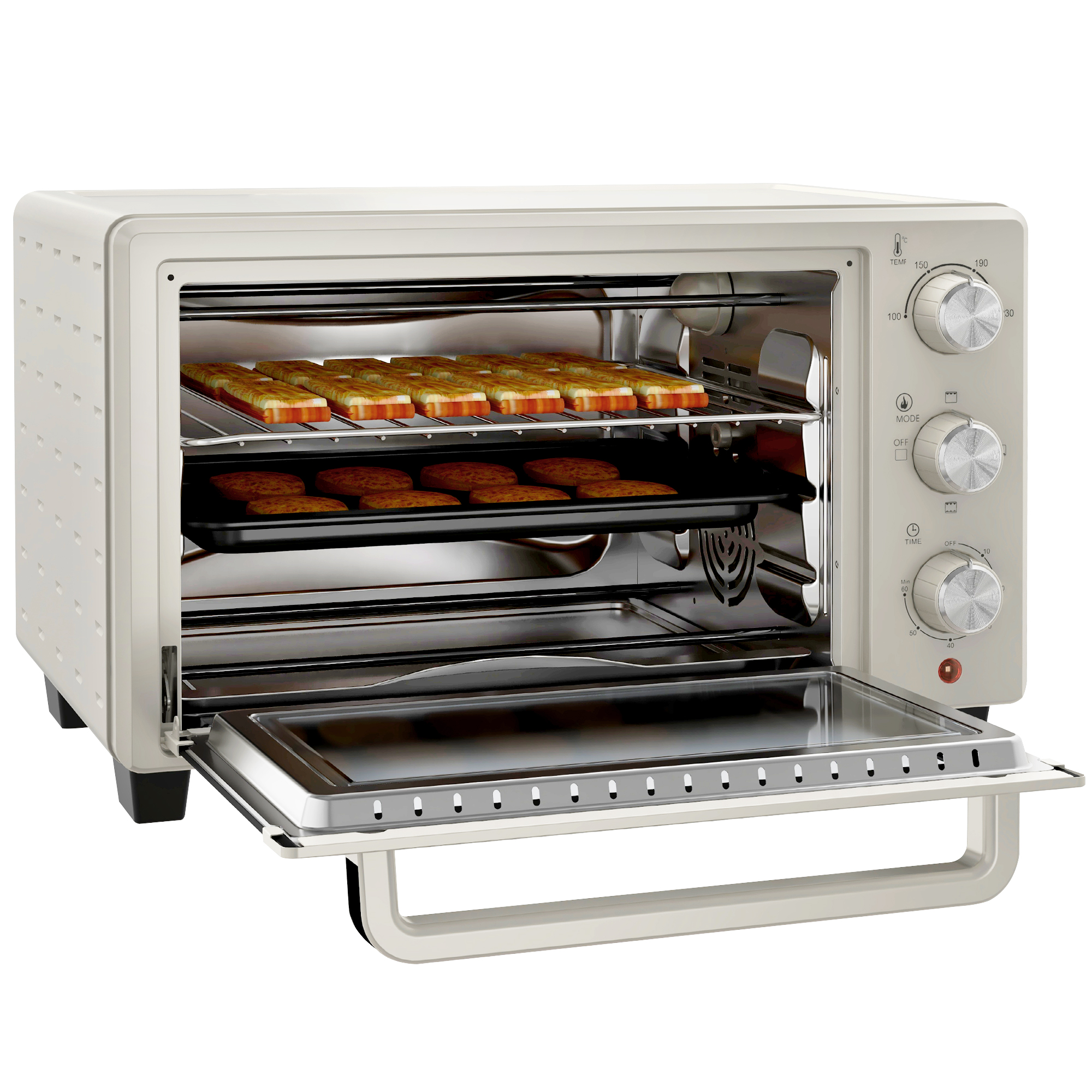 HOMCOM Minibackofen mit Drehspieß, Backofen kleine 21 L Toasterofen mit 1 Drahtgestell und 1 Backblech, 3 Kochmodi, 100 °C-230 °C, Edelstahl, Glas, Cremeweiß   Aosom.de