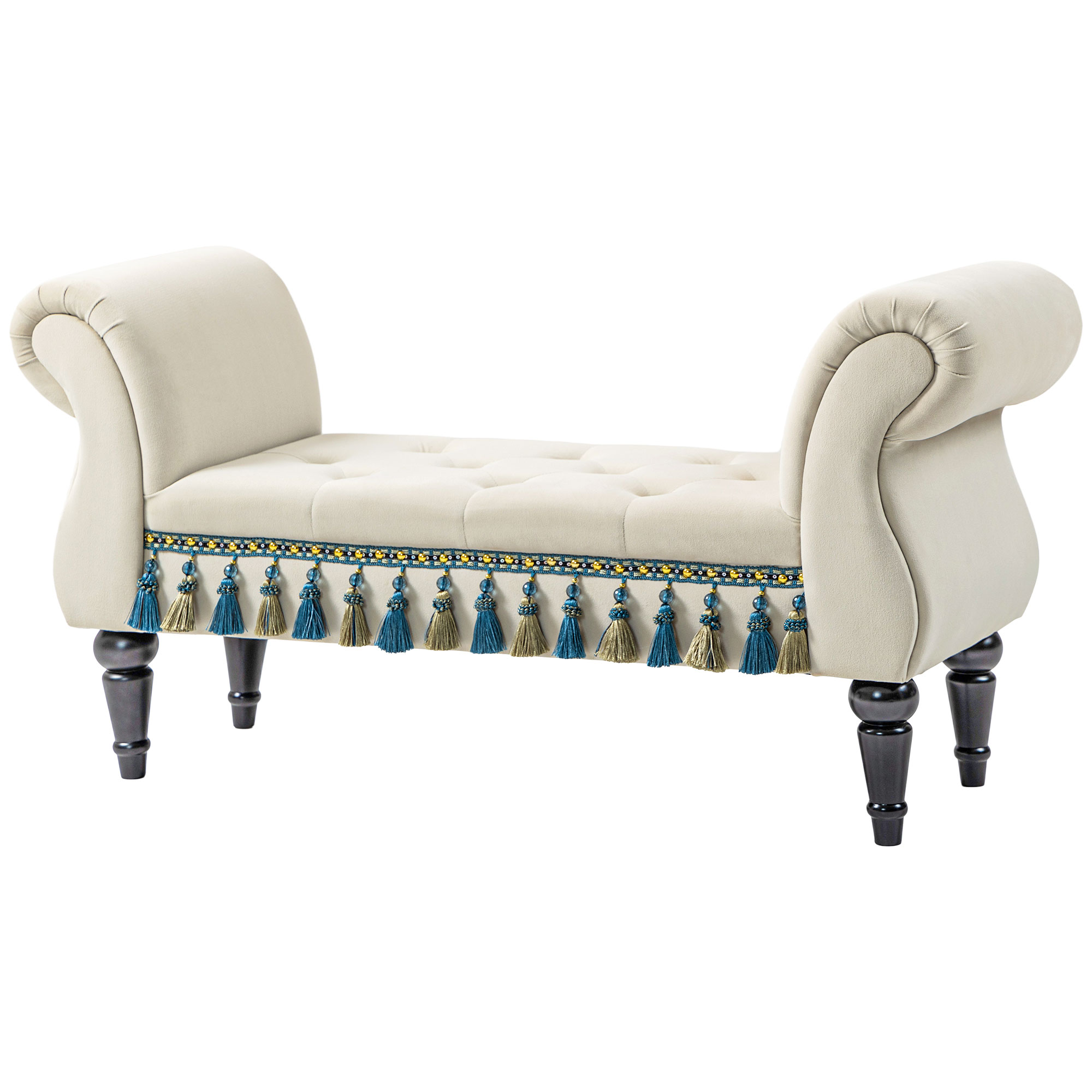 HOMCOM Polsterbank Schlafzimmer mit Armlehne, Vintage-Design in Samtoptik, Holzbeine, Belastbarkeit 150 kg, 117x40x58 cm, Beige   Aosom.de