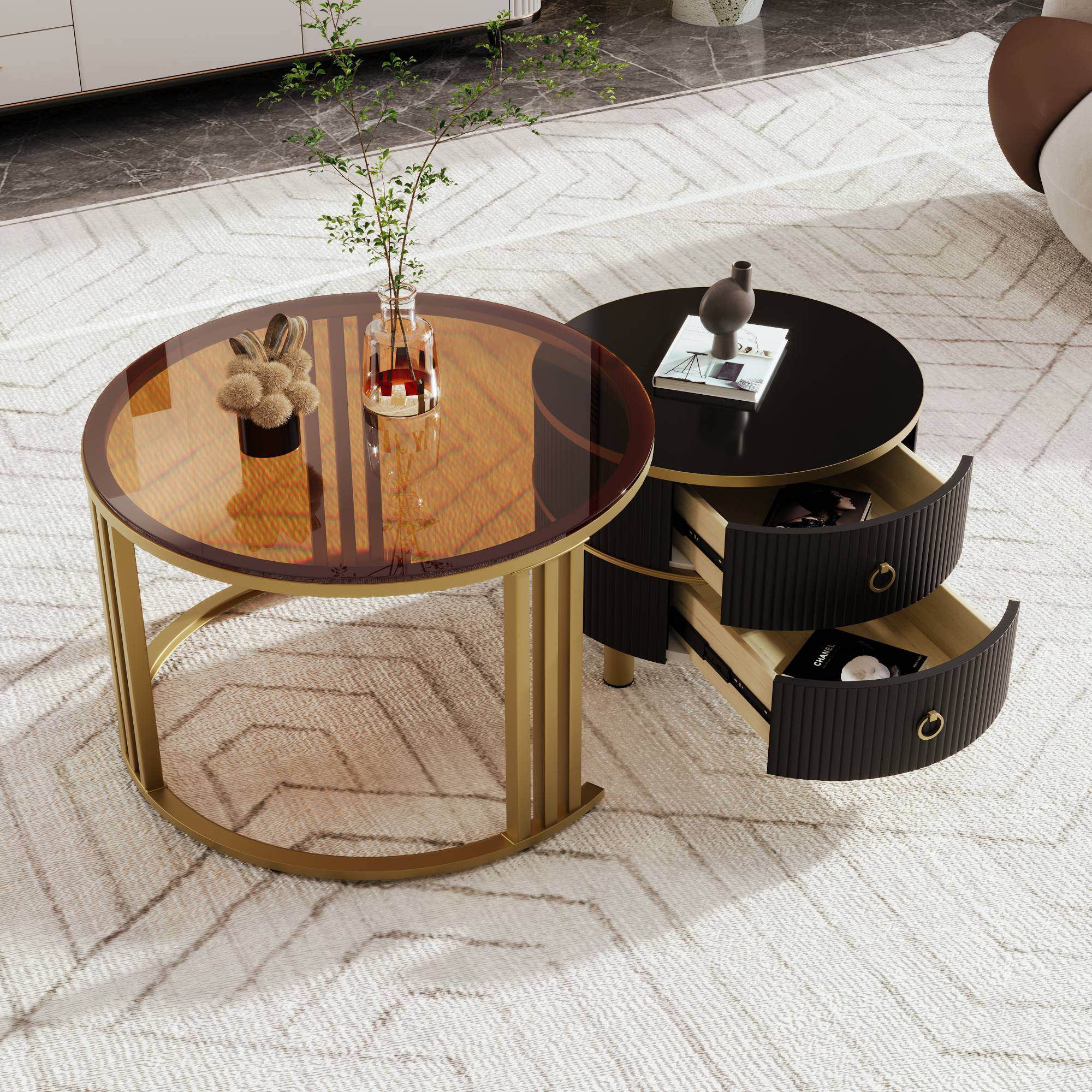 Couchtisch Set Moderner Couchtisch 70x70 mit 2 Schubladen Hochglanz Glasplatte MDF und Metallbeine Schwarz 2-in-1 Set stabil Aosom.de