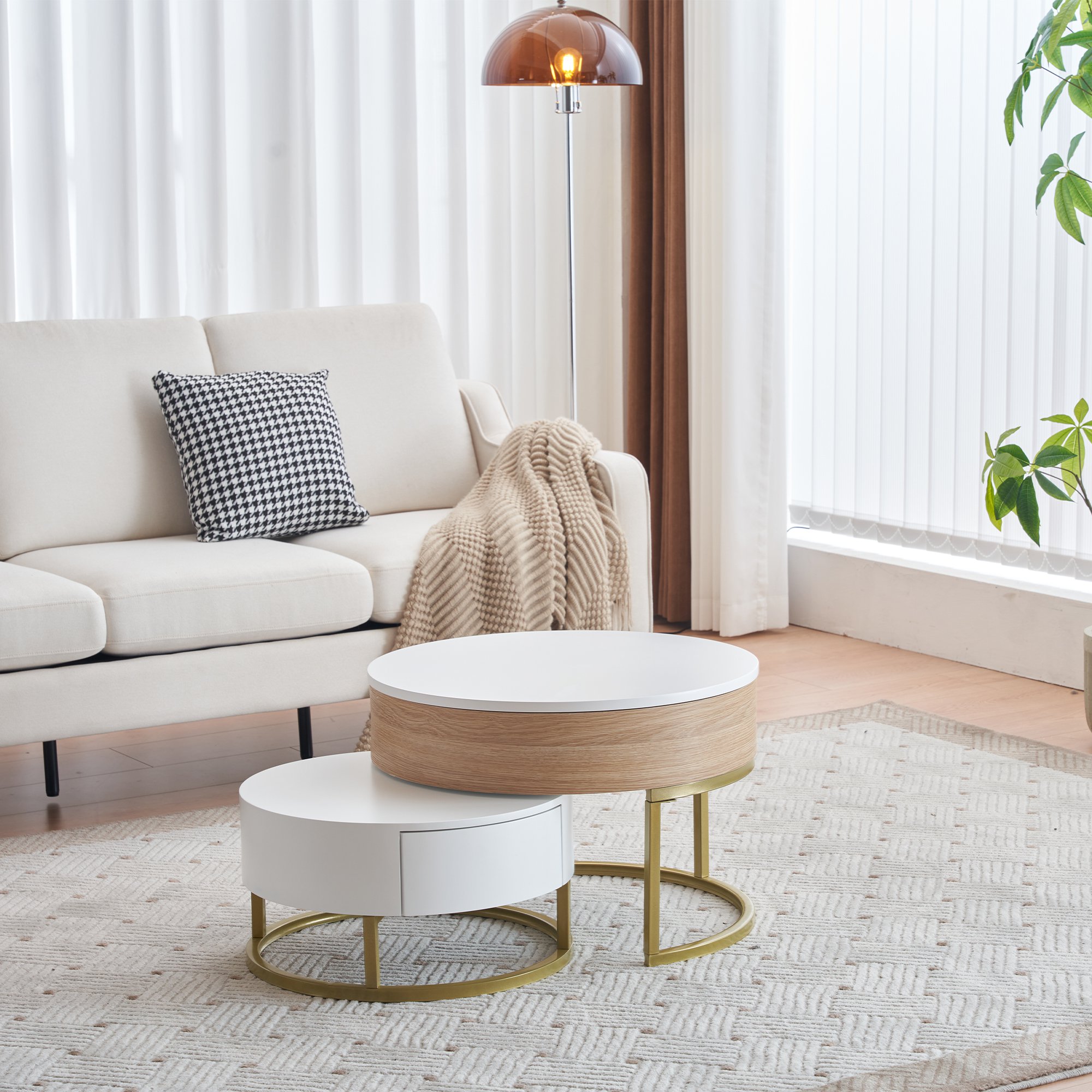 Couchtisch Set höhenverstellbarer Couchtisch mit Schubladen 2-teiliges Set weiße 70x70 Couchtisch vergoldeter Satztisch Kombination   Aosom.de