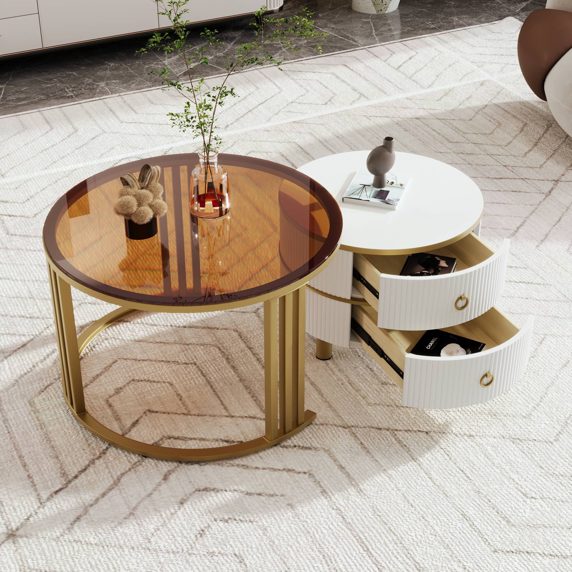 Couchtisch rund, 2er Set Runder Couchtisch mit Schubladen, Platzsparendes Rundes Sofa Tisch 70x70cm 50x50cm, leicht zu bewegen, Weiß Braun   Aosom.de