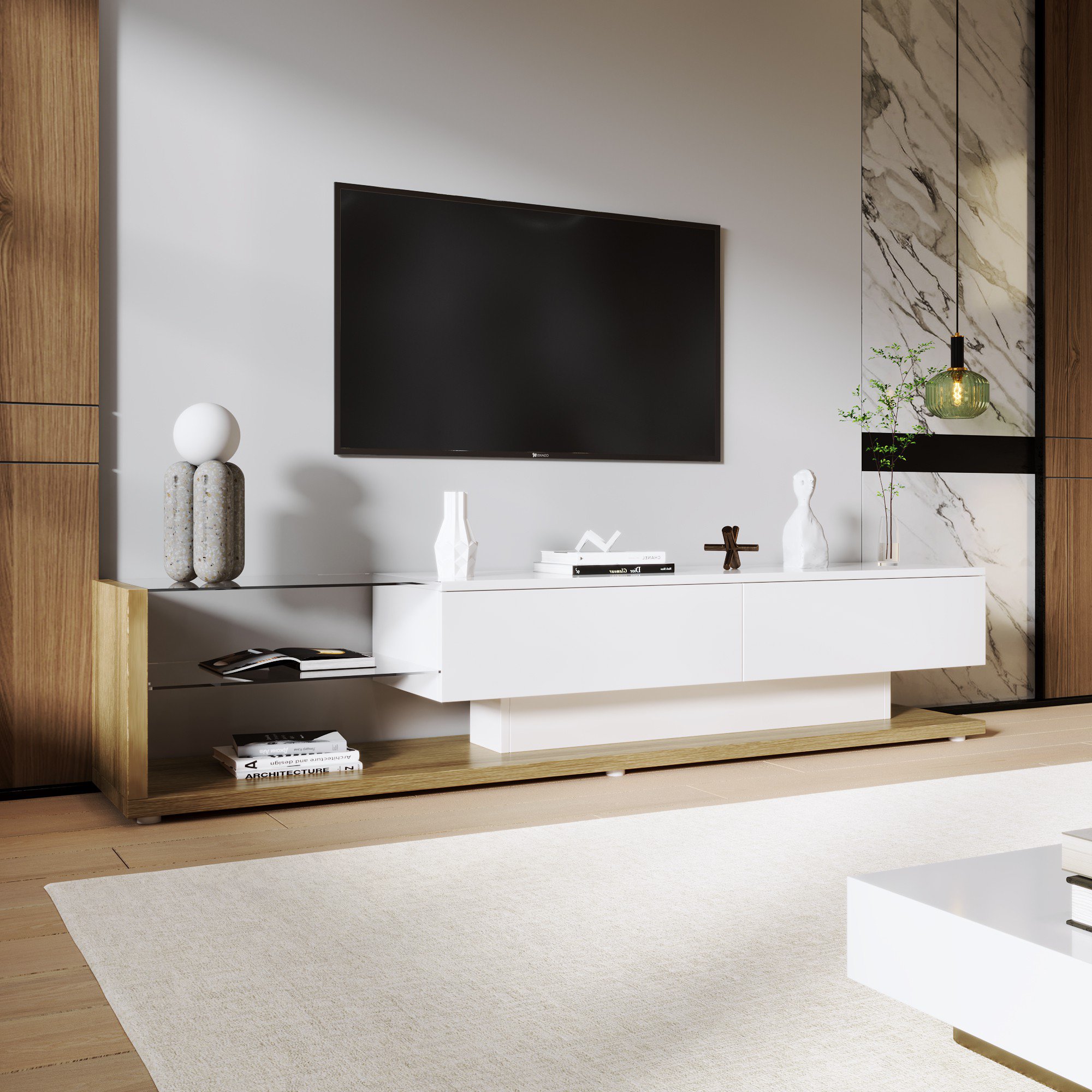 TV-Schrank 170cm Hochglanz Glasböden mit LED-Beleuchtung Modernes Landhausstil Weiß stabil geräumig für Fernseher bis 170cm stilvolles   Aosom.de