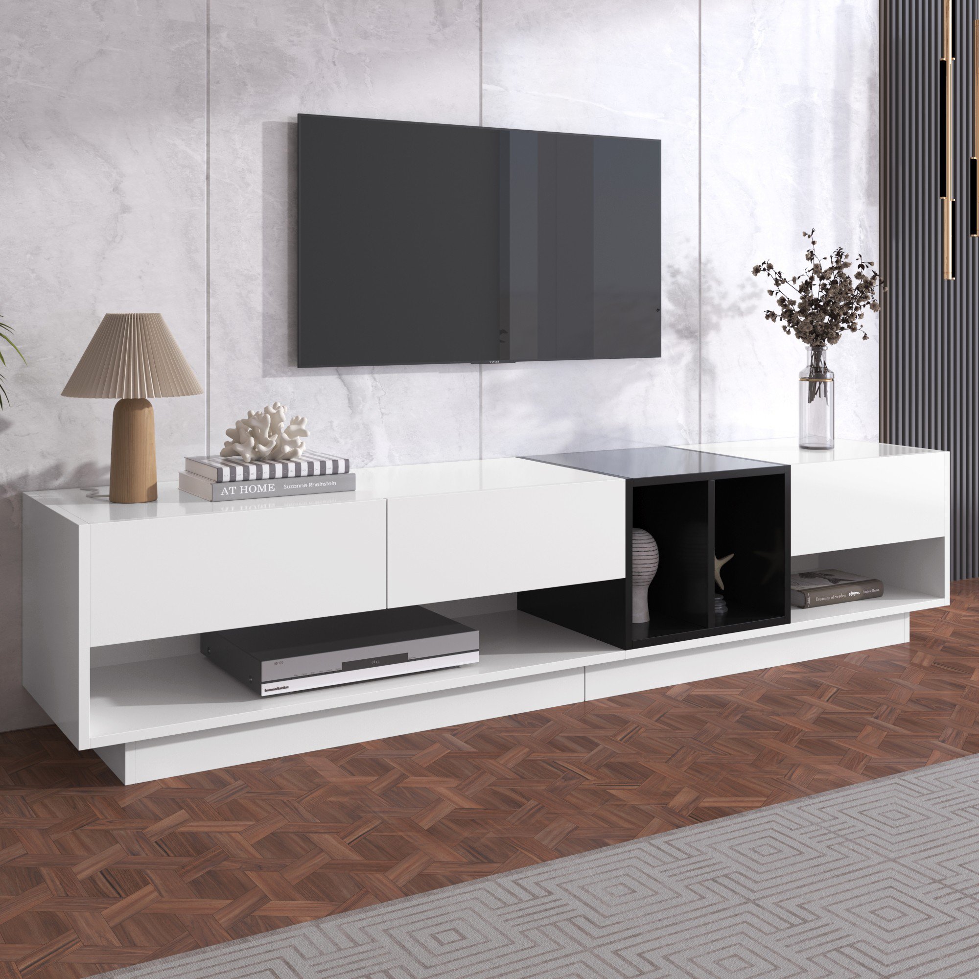TV Schrank, moderner mit Schubladen, Hochglanz, stilvolle Aufbewahrung, Praktische Funktionalität, 190L x 40B x 42H cm, Schwarz/Weiß Aosom.de