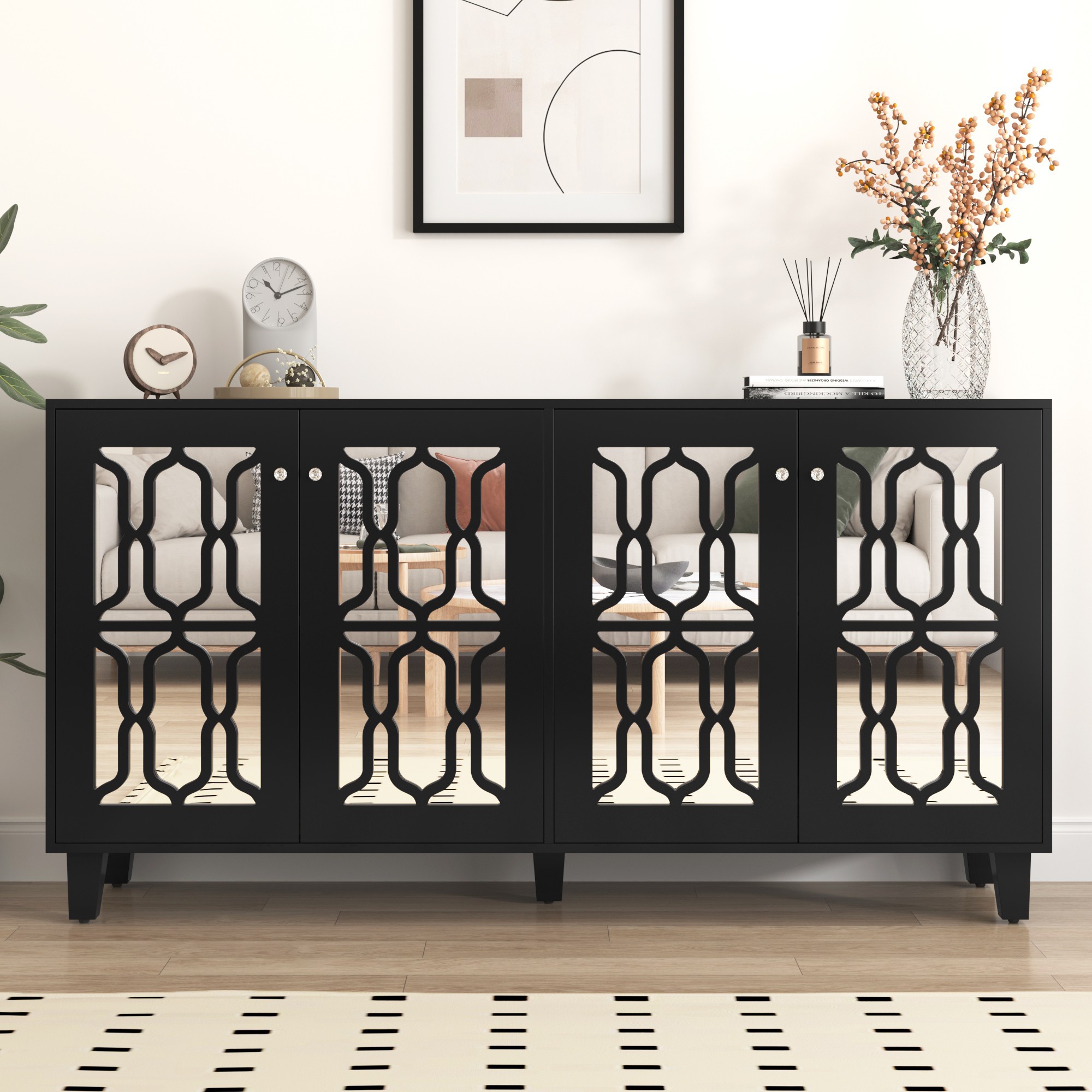 Küchenschrank, Anrichte mit Kristallgriffen und Spiegeloberfläche, Vier Türen zwei beweglichen inneren Regalen, bis 80 kg, 160 x 40 x 84 cm, Schwarz