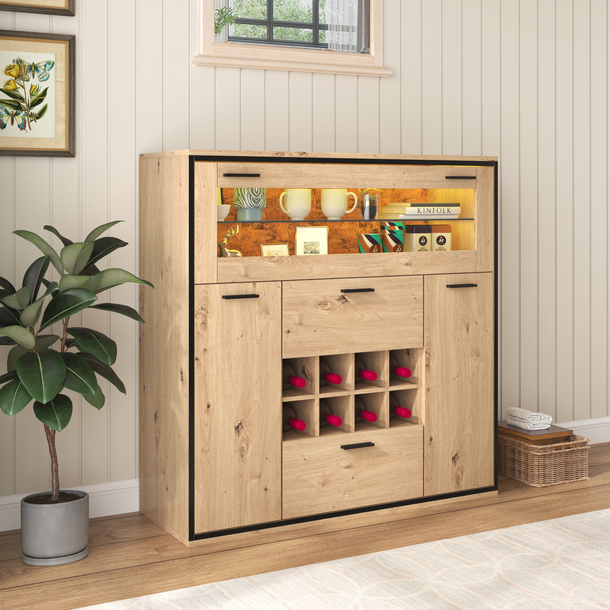 Anrichte Weinschrank 110x38x111cm mit Glasregal für Party - Stilvolle Aufbewahrung Doppeltüren Holzfarbe Schwarz Aosom.de