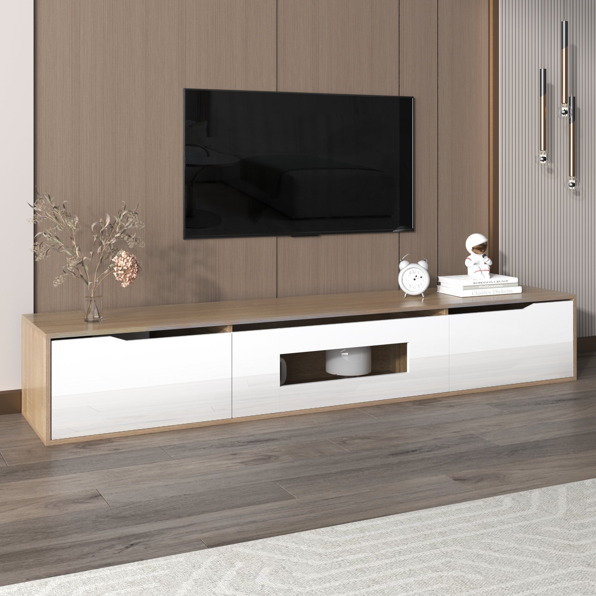 TV-Schrank 180cm LED Hochglanz Weiß Holz 4 Lichtmodi Wandmontage möglich mit LED-Beleuchtung Hochglanzoptik Holzdesign Weiß moderner Stil Aosom.de