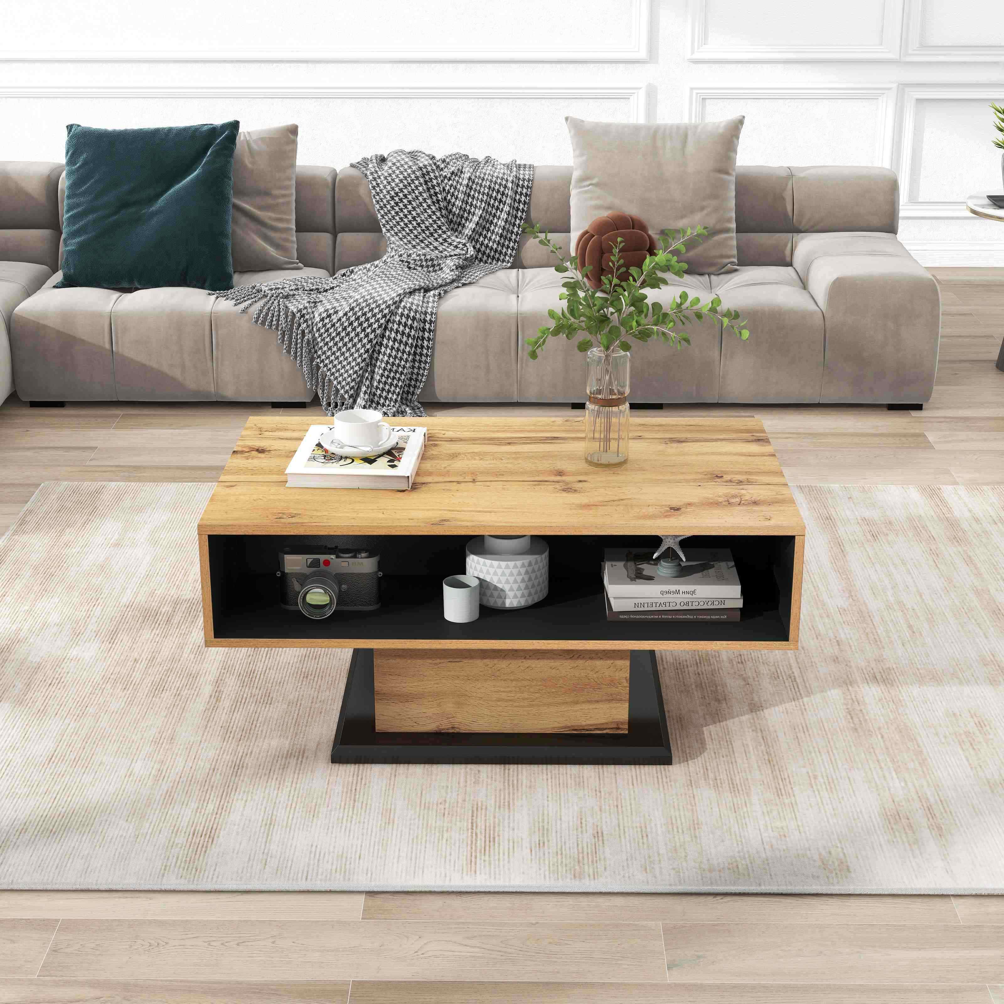 Couchtisch mit Holzmaserung, 100x60 cm, grifflose Schublade offener Bodenfach, Doppelseitiger Stauraum, Eiche Anthrazit Aosom.de