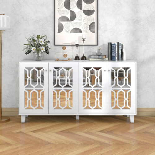 Sideboards, Anrichte mit Kristallgriff, Bewegliches Laminat, Spiegeloberfläche 4 Türen, Einfache Montage, Robust, 160 x 40 x 84 cm, Weiß   Aosom.de