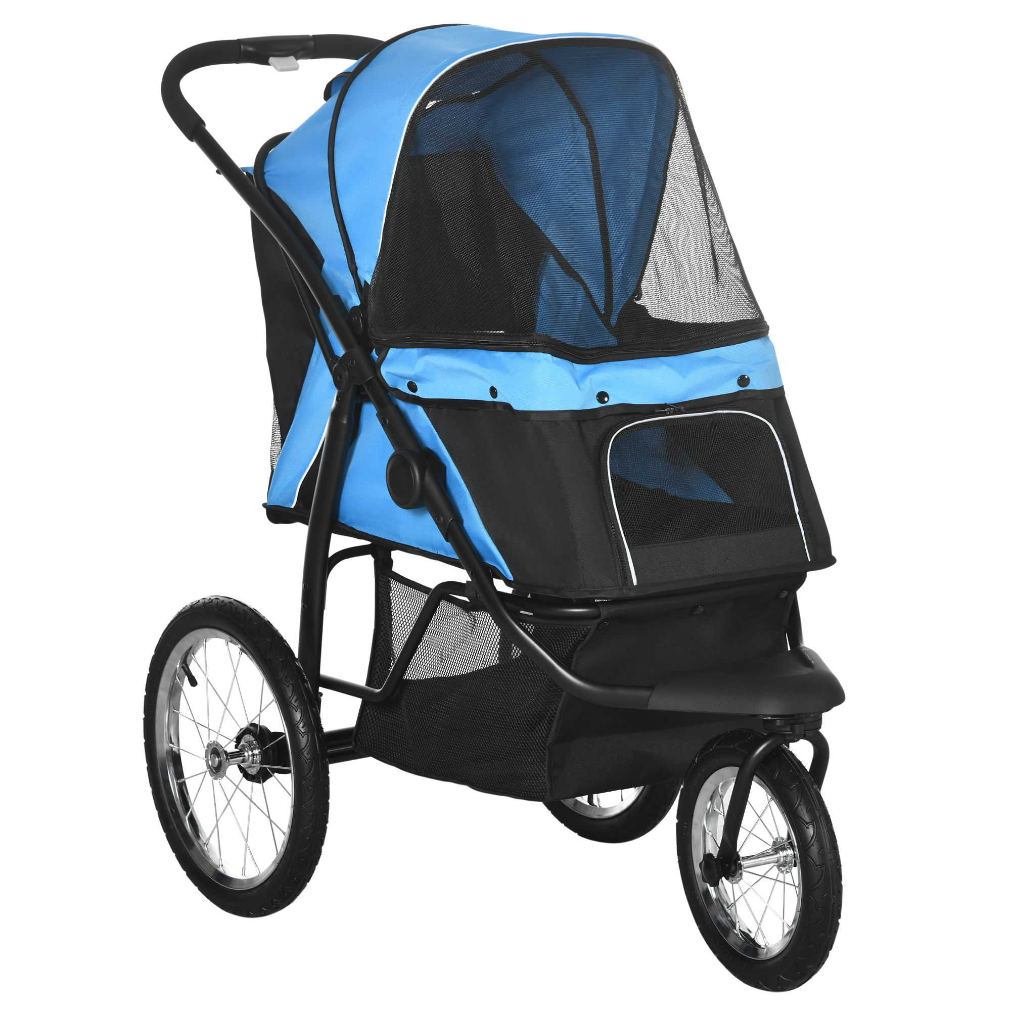PawHut Hundebuggy Hundewagen mit Reflektoren, Faltbar, Aufbewahrungskorb, Sonnenschutz, Netzfenster, Oxford, Blau Aosom
