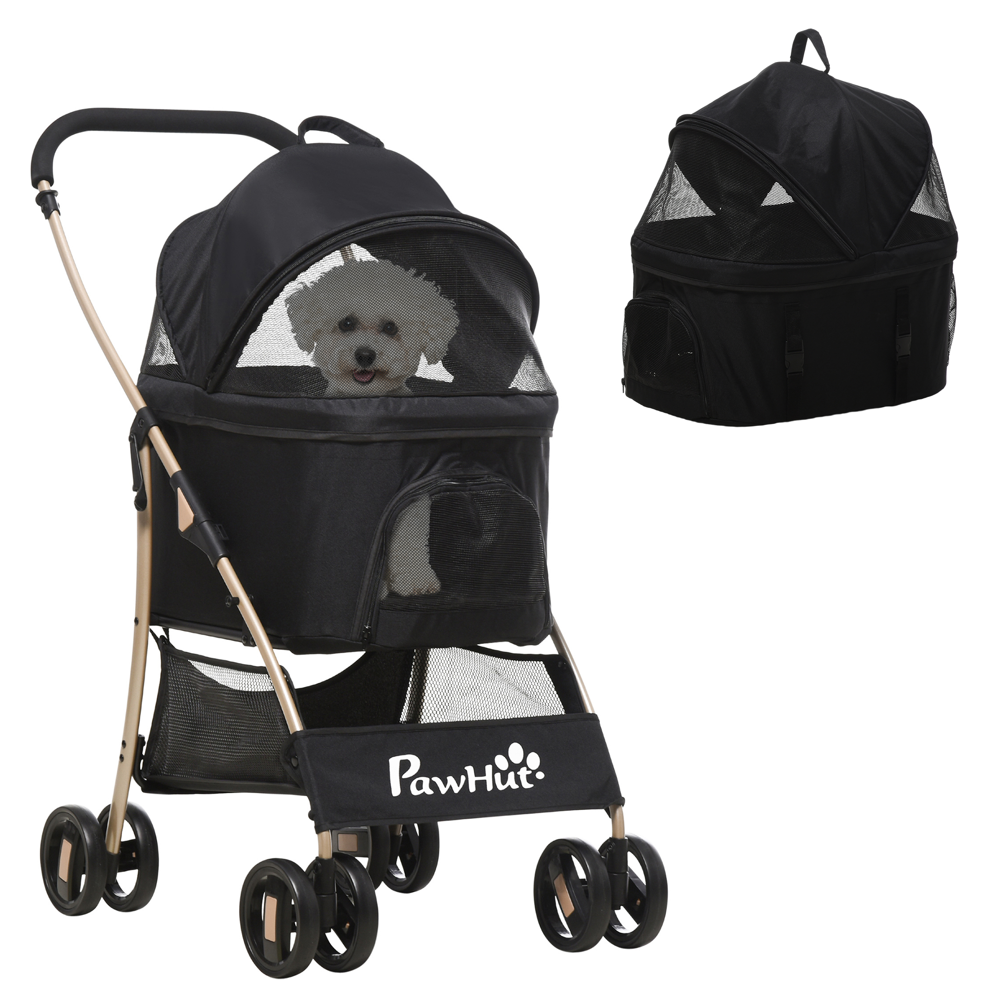 PawHut Hundewagen 2-in-1 Hundetrolley & Tragetasche, faltbarer Hundebuggy mit Kissen, 4 Rädern, Netzfenster, Oxfordstoff, Schwarz Aosom