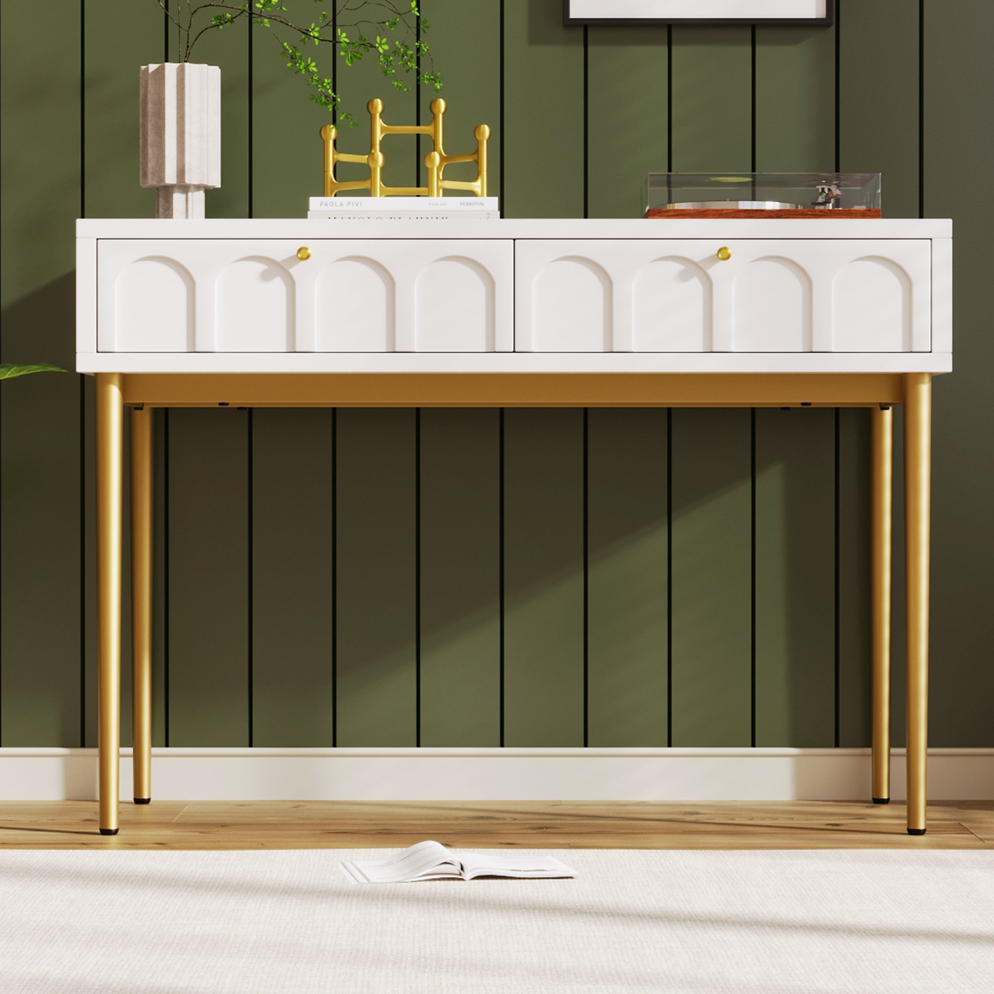 Kosmetiktisch Elegant Schminktisch für Schlafzimmer & Hochzeit, 100x76,5 cm, mit 2 Schubladen, Metallrahmen, Cremeweiß Aosom.de