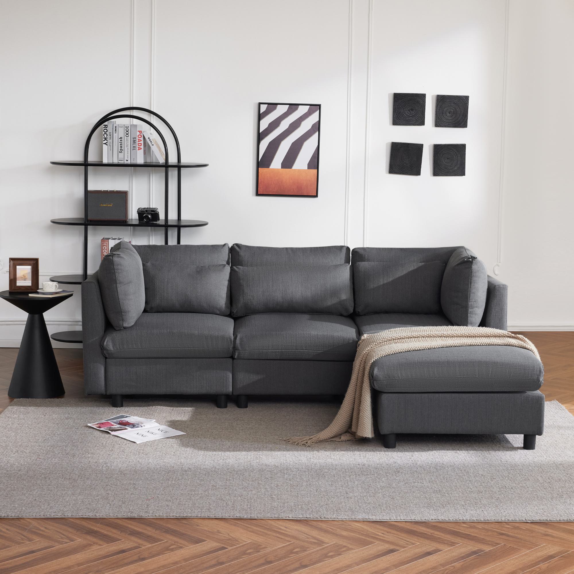 Ecksofa mit Fußstütze, Bequemes Sofa, Sofa Graues Ecksofa, für 3-4 Persone, Verstellbare Lendenkissen, Beweglicher Fußhocker, 220x157x 81cm Aosom.de