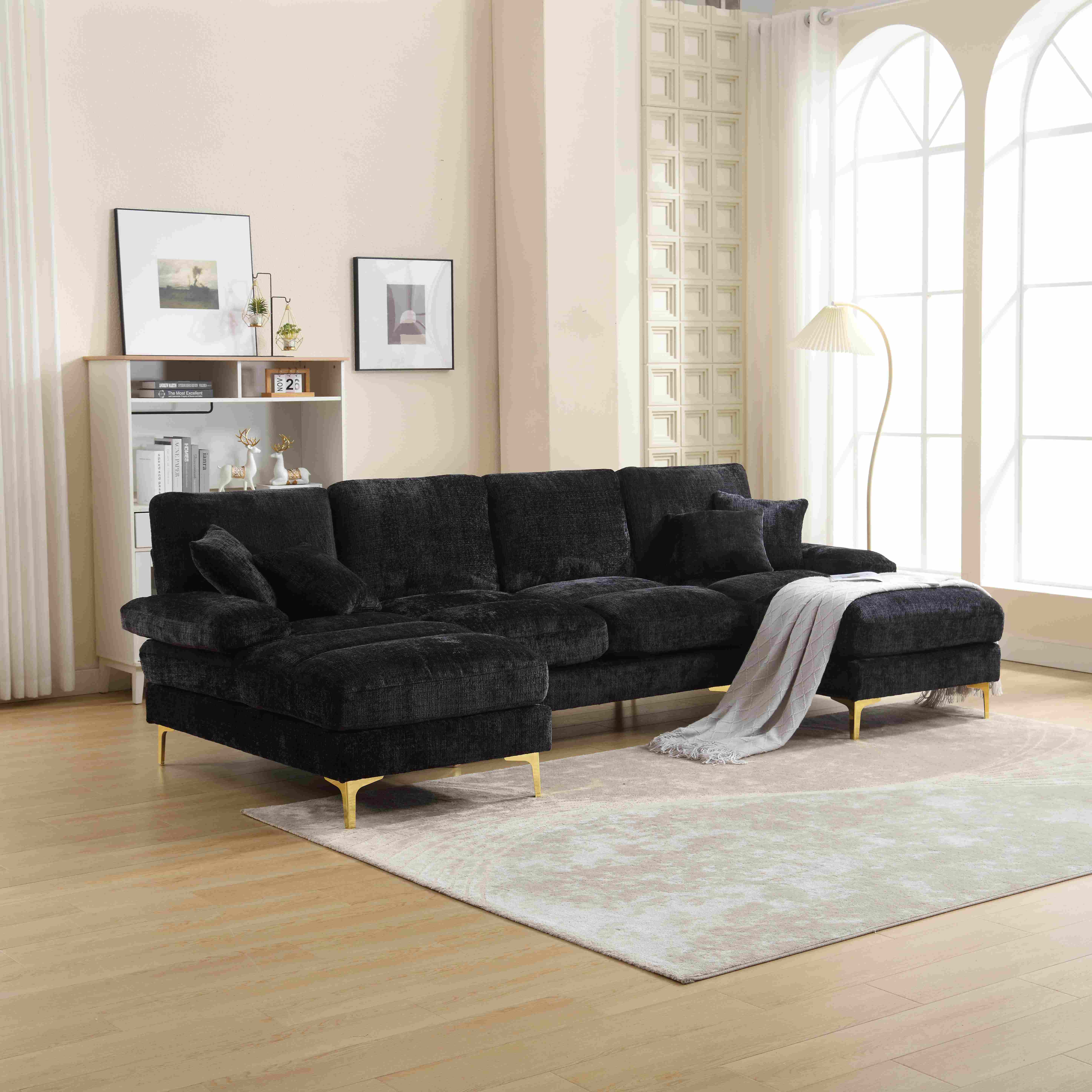 Modernes großes U-förmiges Chenille-Sofa mit Doppel-Liegesitzen, für Wohnzimmer, Wohnung, Villa, Schwarz