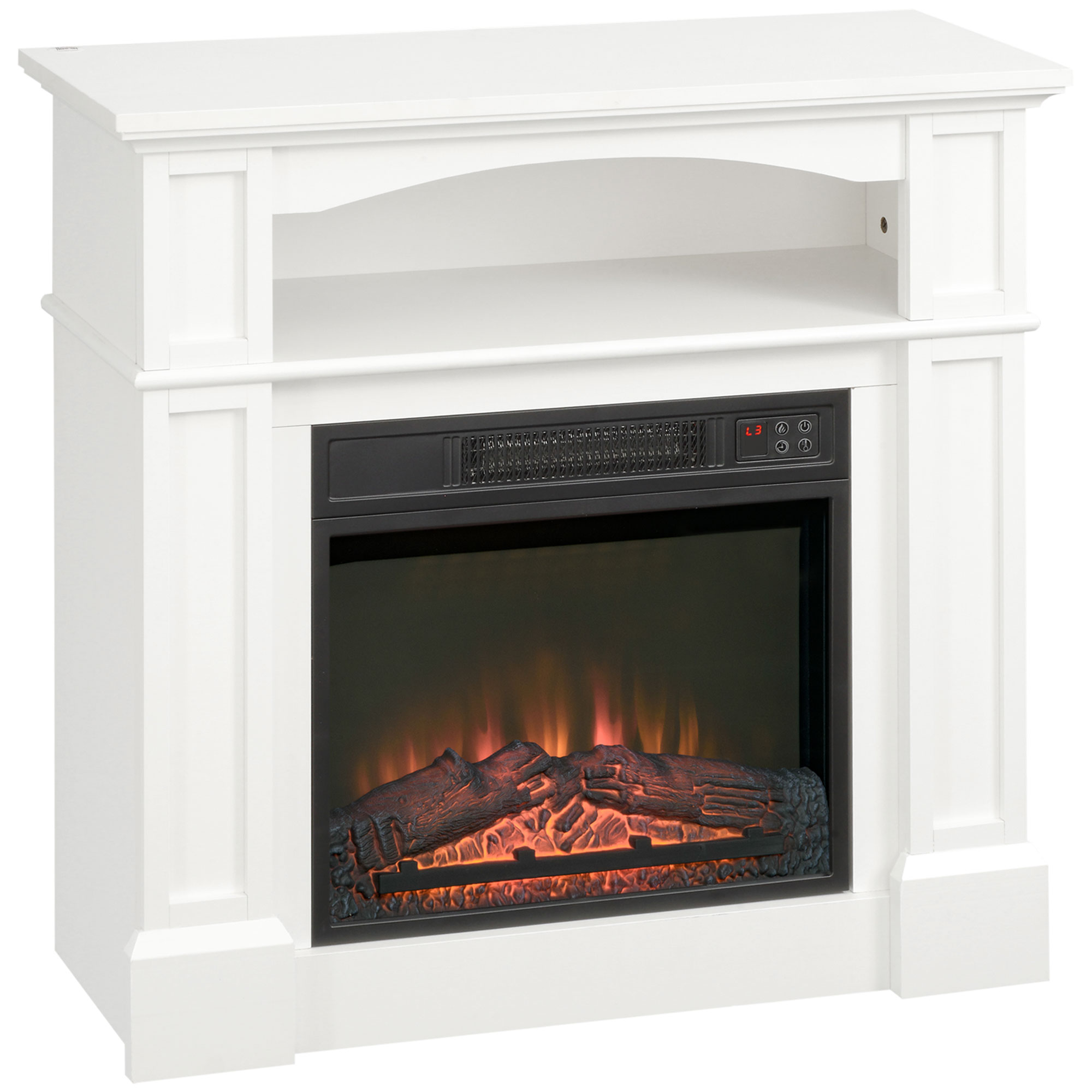 HOMCOM Elektrokamin Standkamin mit Heizung, 3D LED-Flammeneffekt, Regal, 1800 W Elektrischer Kamin mit Fernbedienung, Timer, Überhitzungsschutz für Wohnzimmer, Schlafzimmer, Weiß Aosom