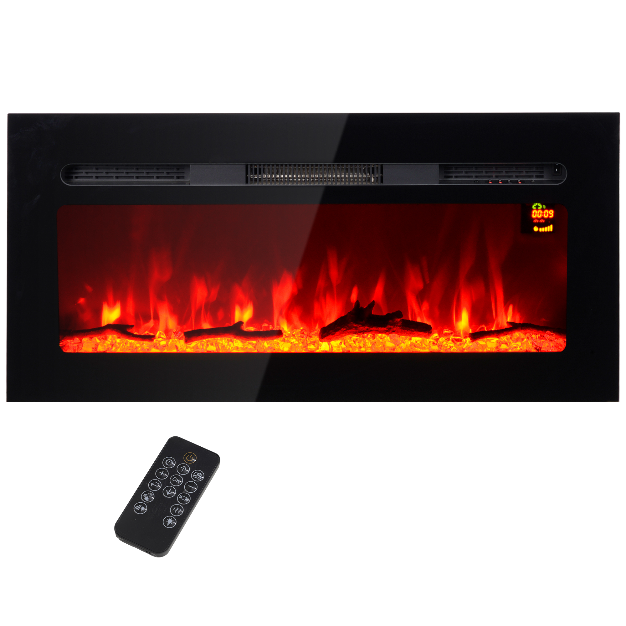 HOMCOM Elektrokamin mit LED Flammeneffekt,1800 W Wandkamin in 3 Farben mit 5 Helligkeitsstufen, Elektrischer Kamin mit Fernbedienung, Touchscreen, Wandmontage, Schwarz   Aosom