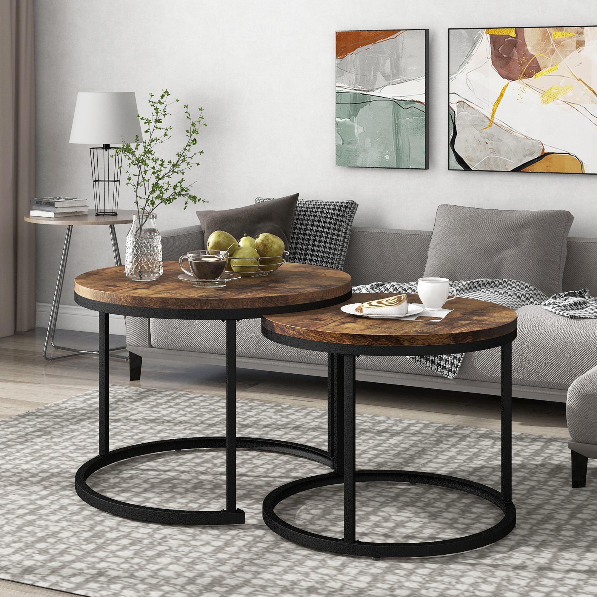 Couchtisch rund 2er set, Kleine Runder Couchtisch MDF-Tischplatte Elegantes Design für Wohnzimmer Familie und Freunde Braun   Aosom.de