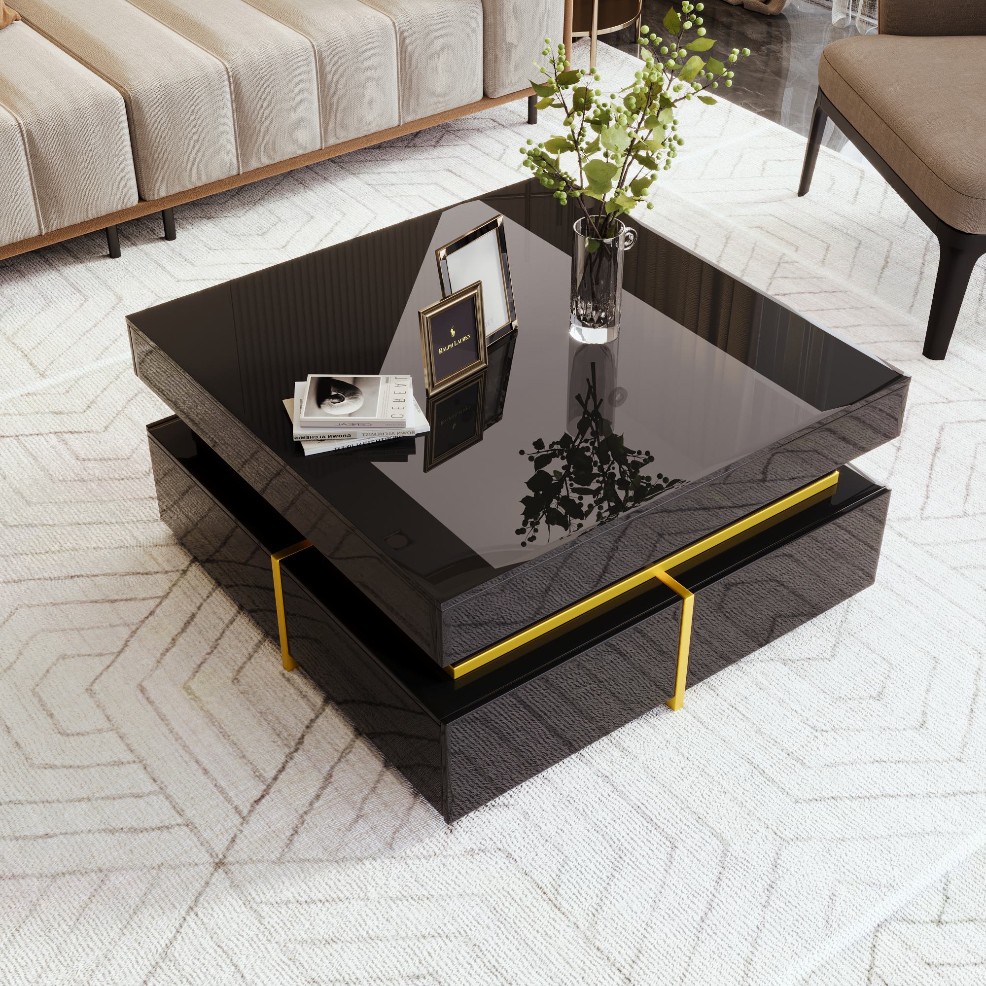 Couchtisch schwarz mit Schubladen 70x70 gold Akzente Hochglanz Wohnzimmertisch 70x70x355 cm Hochwertig stabiler Couchtisch   Aosom.de