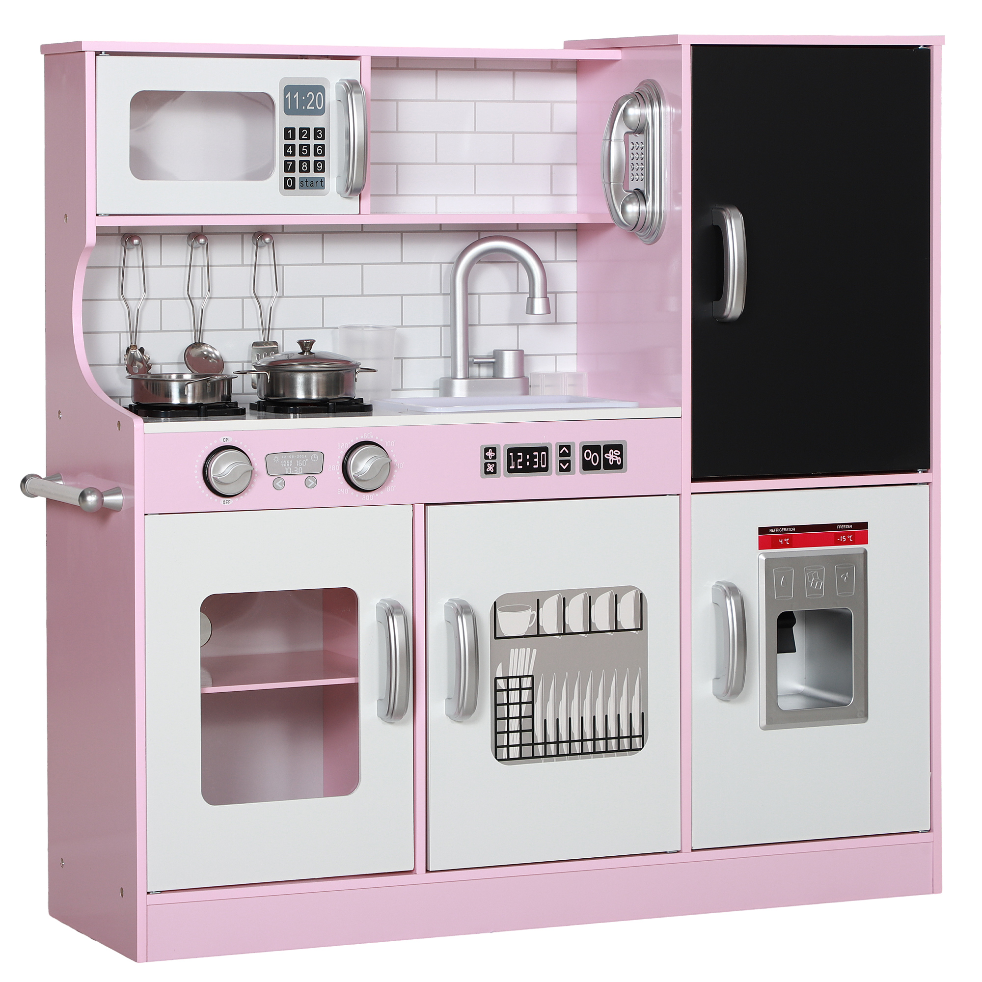 AIYAPLAY Kinderküche Spielküche mit Spielzeug Telefon, Kreidetafel, Mikrowelle, Herd, Spüle, Puppenküche mit Küchenzubehör, Eiswürfelmaschine für 3-8 Jahre Kinder, Rosa   Aosom