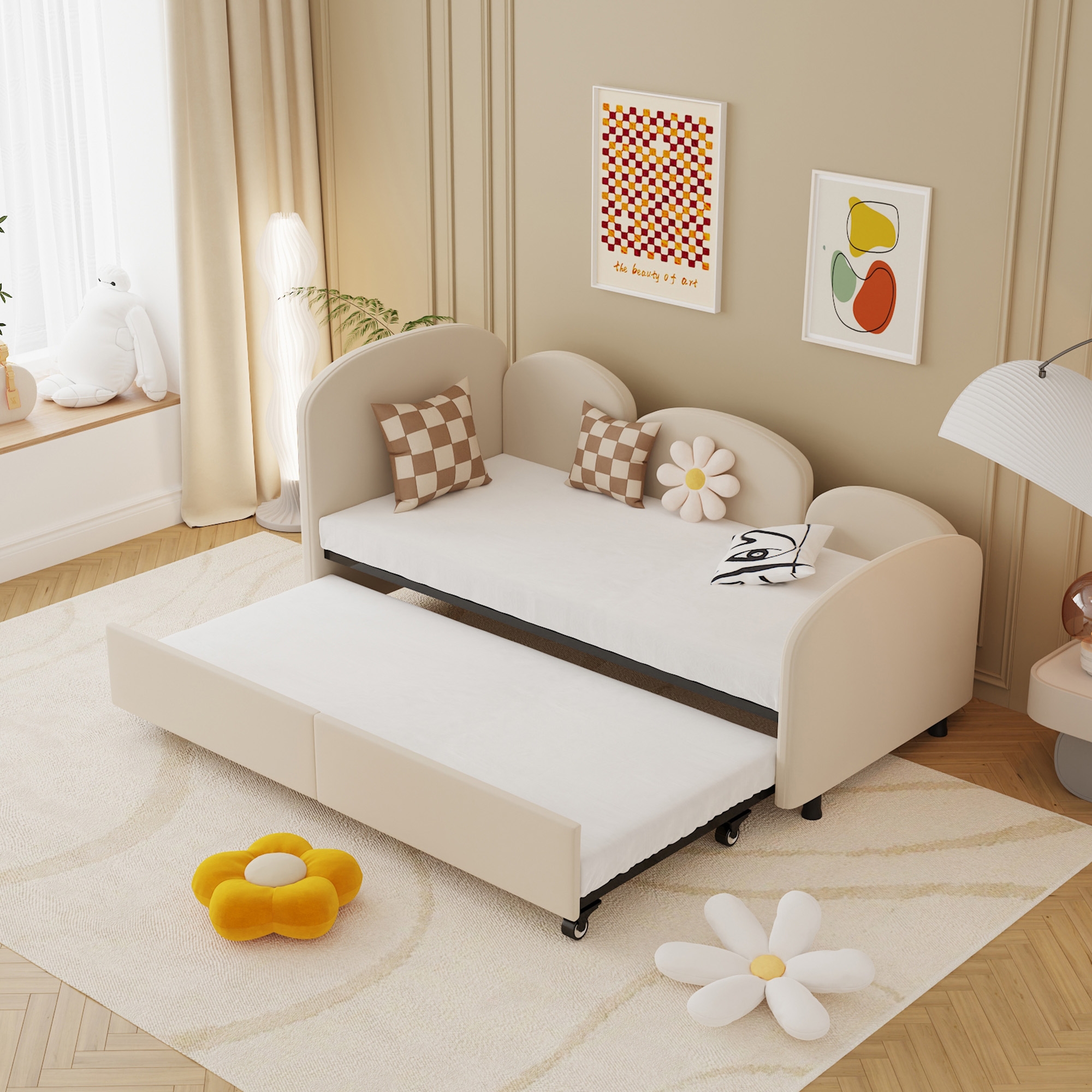 Sofa-Bett Kinderzimmer Wohnzimmer Beige 90x200 cm Blumenform Aosom.de