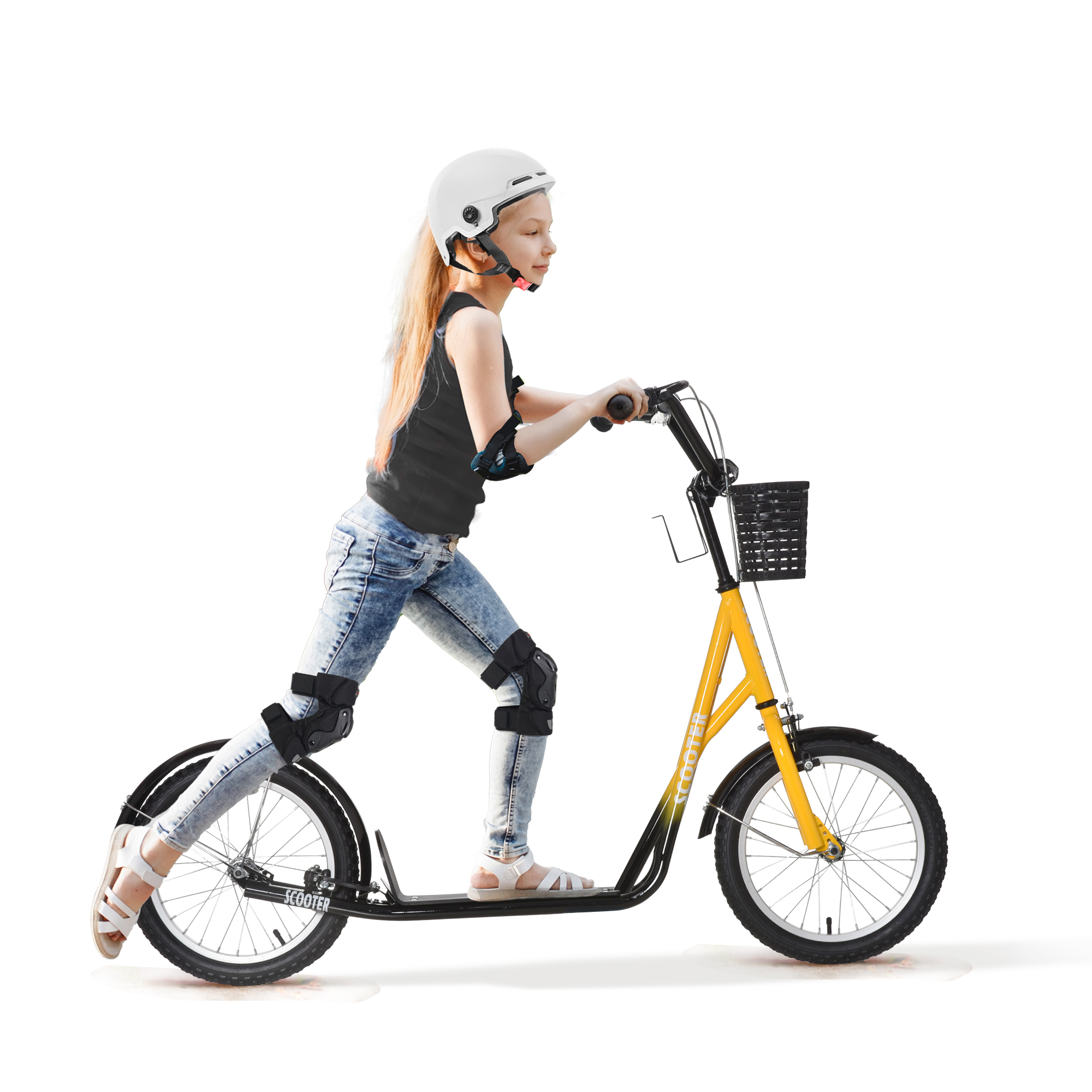 HOMCOM Kinder Roller, höhenverstellbar Tretroller mit großen Gummirädern, 2 Bremsen, Kinderscooter mit Korb, Becherhalter, für 5-12 Jahre  Aosom