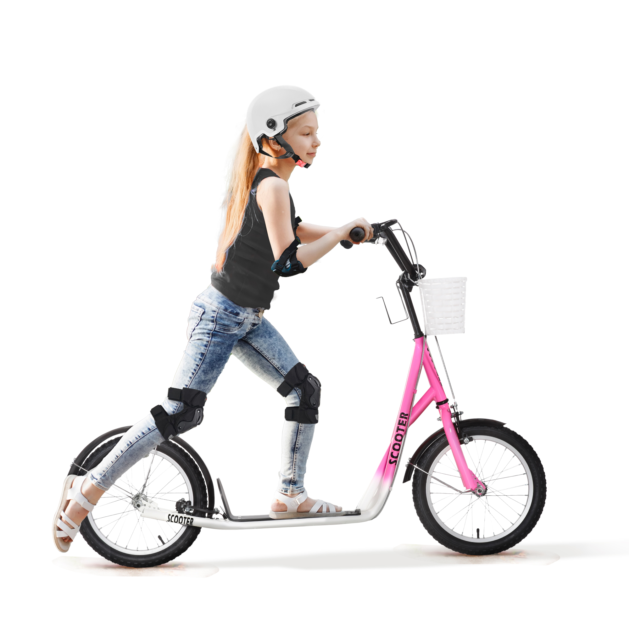 HOMCOM Kinderroller Scooter Tretroller mit Bremse Korb höhenverstellbar für 5-12 Kinder Roller Kickboard Aluminiumlegierung Gummi Rosa+Weiß Aosom