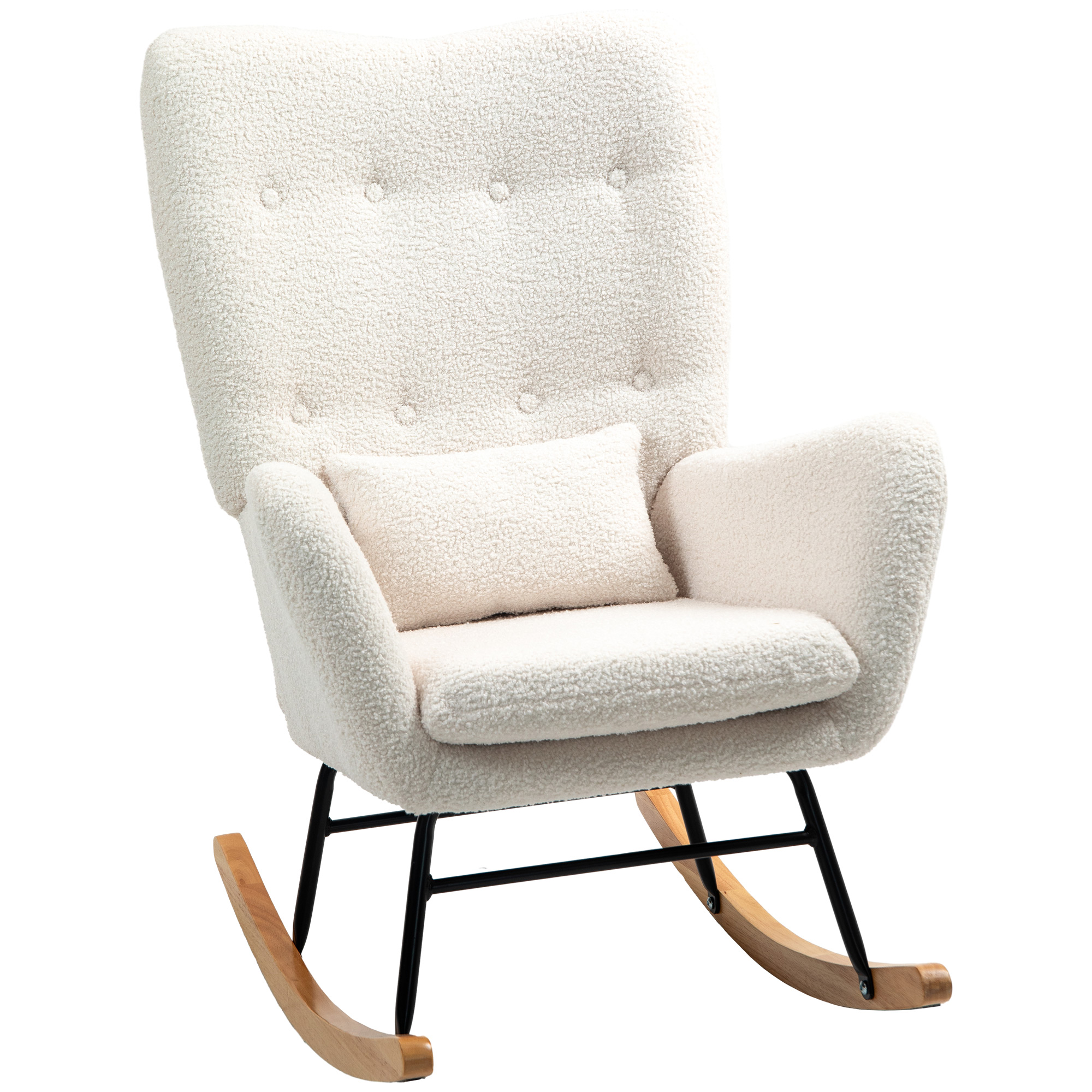 HOMCOM Schaukelstuhl, Schaukelsessel mit Armlehne, Teddystoff-Optik, Stillsessel mit Holzkufen, Lendenkissen, Relaxsessel Schwingsessel für Wohnzimmer, Schlafzimmer, Cremeweiß Aosom