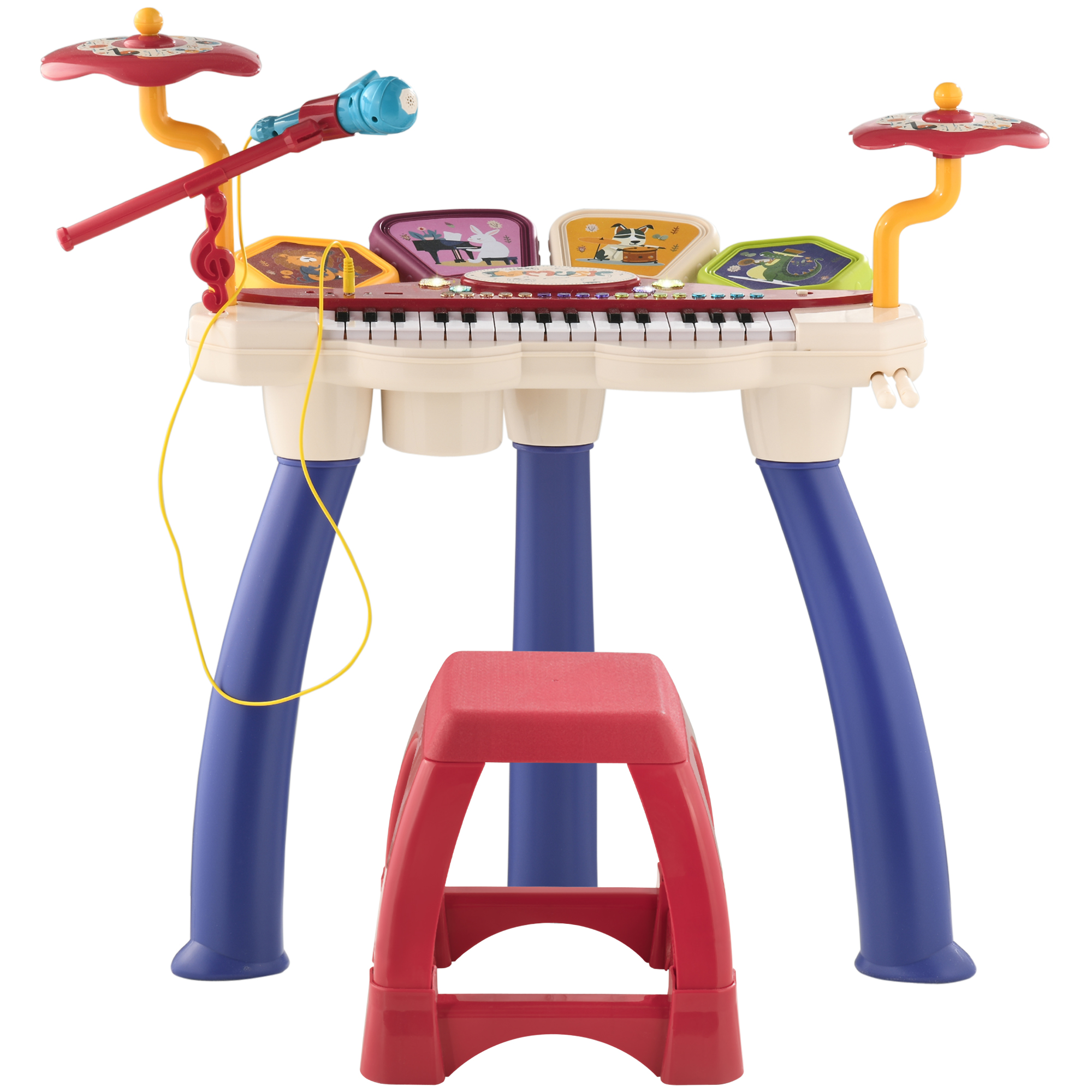 AIYAPLAY Kinderpiano, elektronisches Schlagzeug 2-in-1, 32 multifunktionale Tasten, mit Mikrofon und Hocker, USB- und MP3-Player, Musikinstrument für Kinder, Multicolor   Aosom