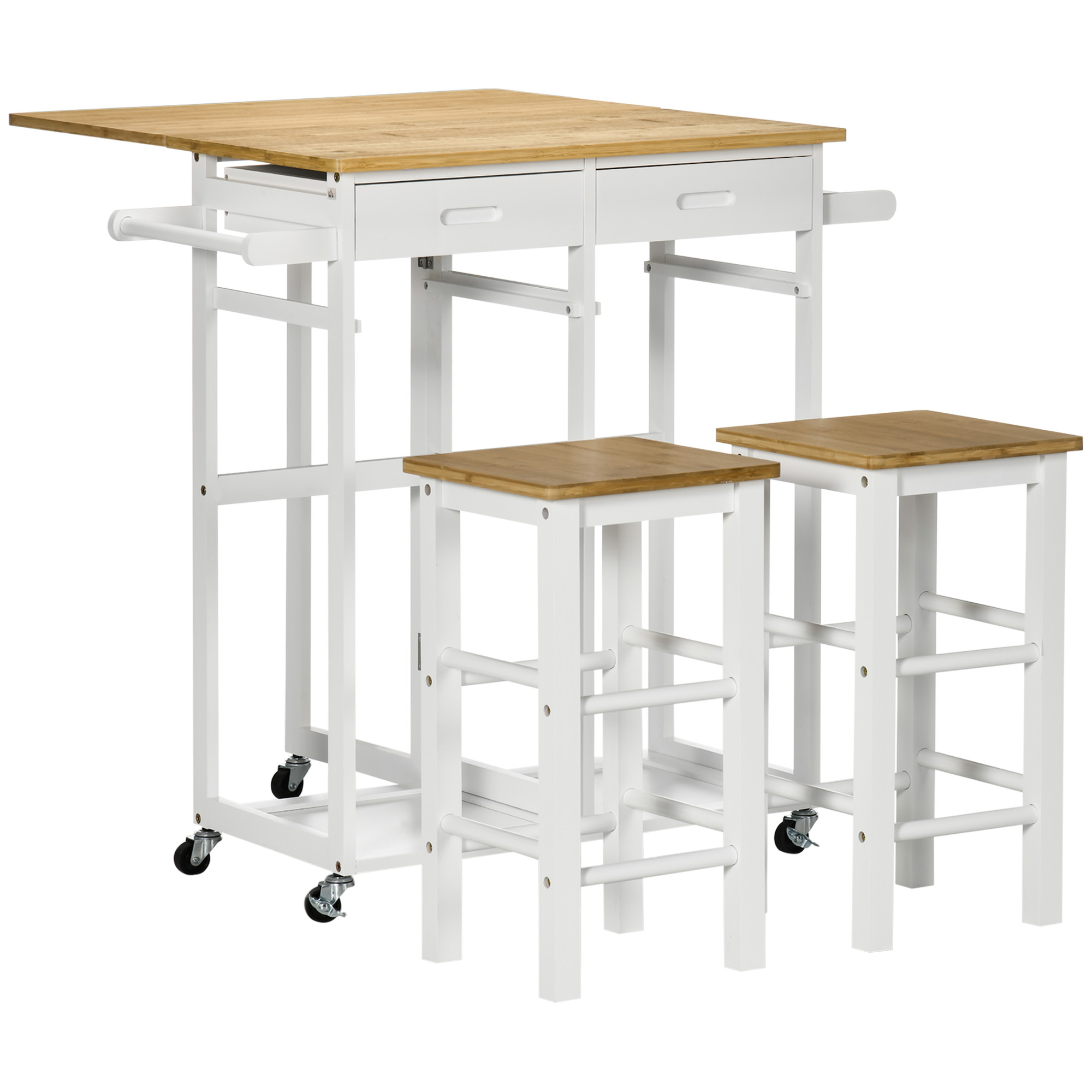 HOMCOM Ensemble Bartisch Küchenwagen klappbarer Küchentisch Rollen + 2 Hocker Weiß und helles Holz - 2 Schubladen und Geschirrtuchhalter   Aosom