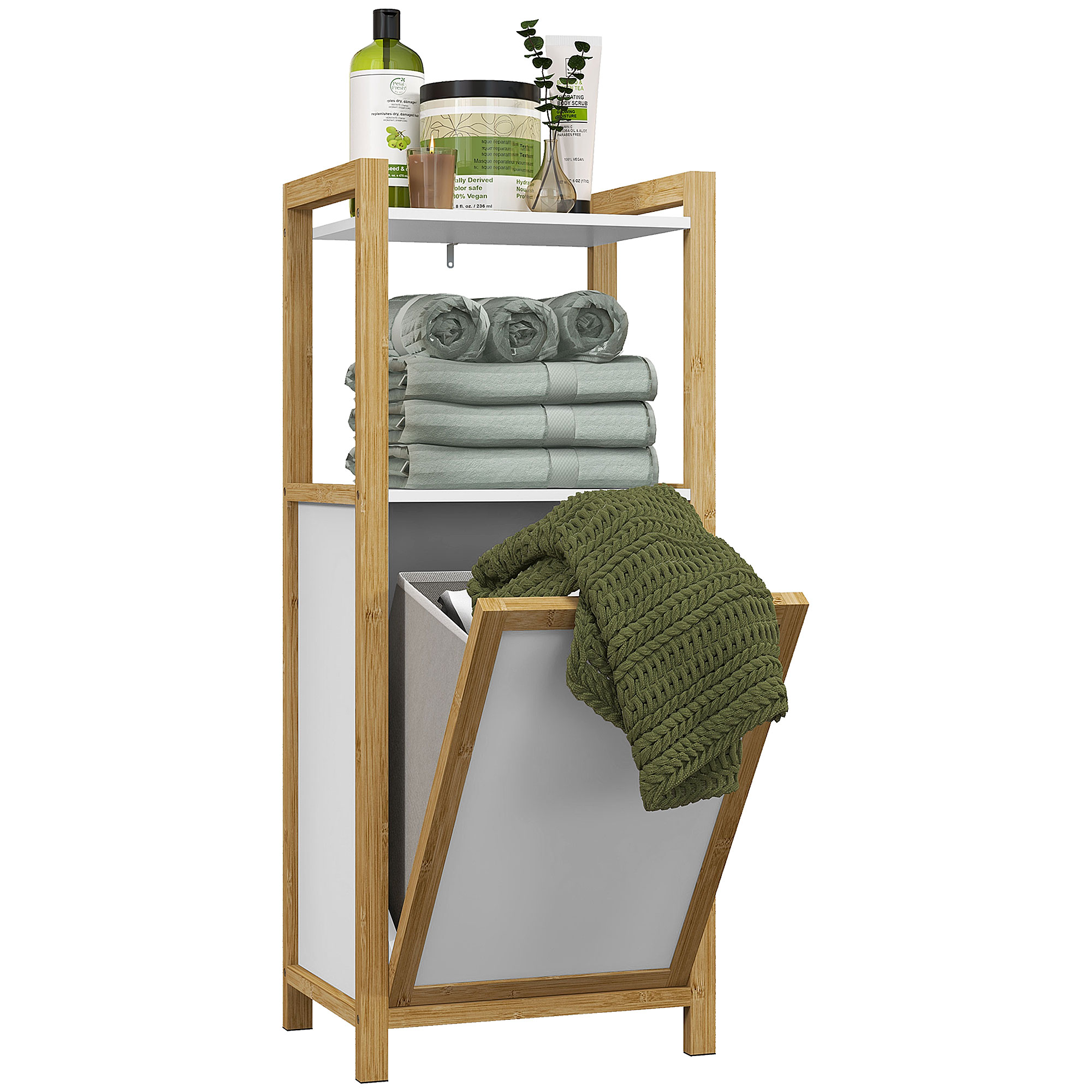 HOMCOM Badezimmerschrank aus Bambus mit Wäschekorb Bodenschrank Badezimmer Platzsparend - 2 Regale - Abmessungen 40L x 30B x 86,5H cm   Aosom