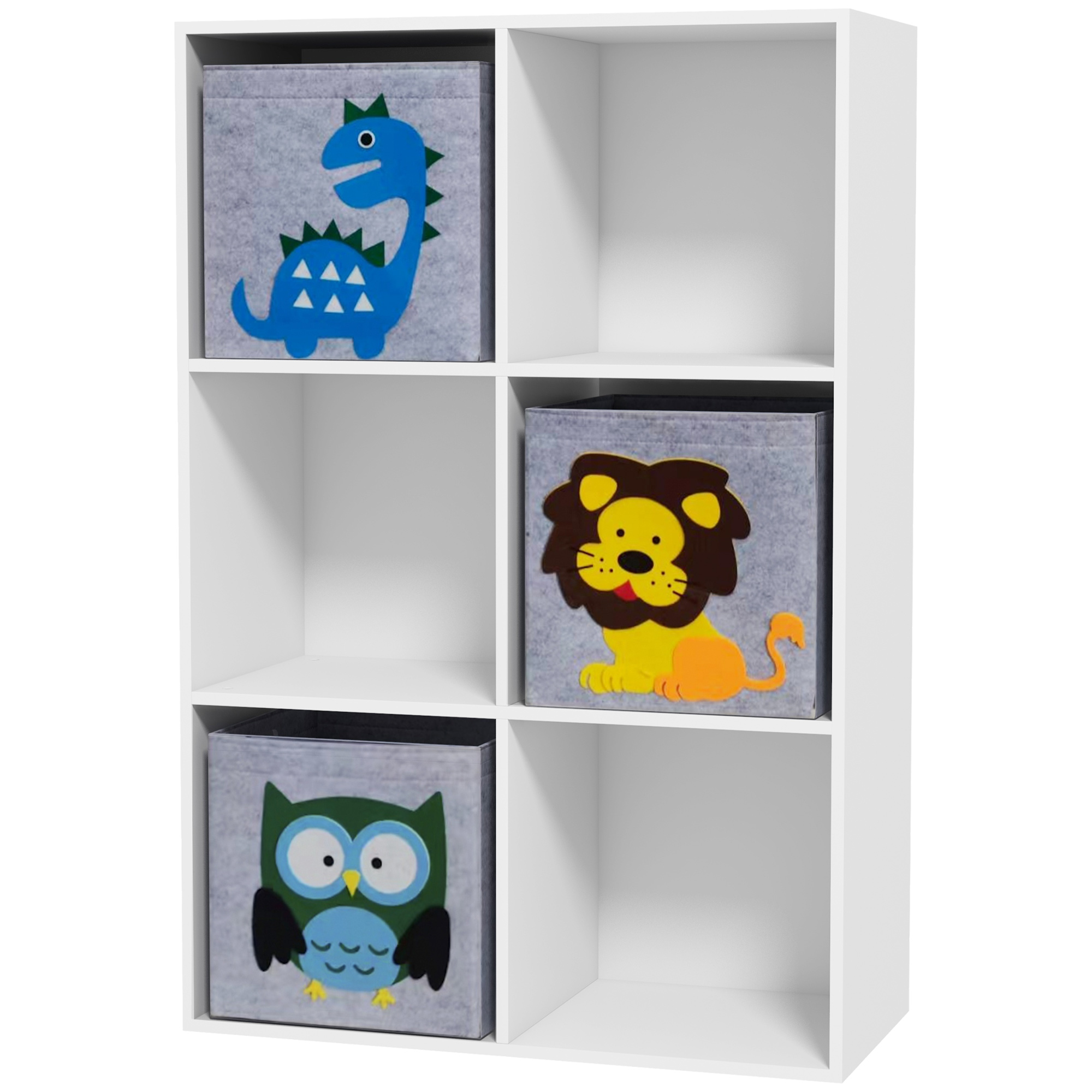 ZONEKIZ Kinderregal, Kinderzimmerregal, Bibliothek, 6 Fächer, 3 Würfel Stoffkörbe mit Tiermotiven für Spielzimmer, Kinderzimmer, 62 x 30 x 91,5 cm, Weiß   Aosom