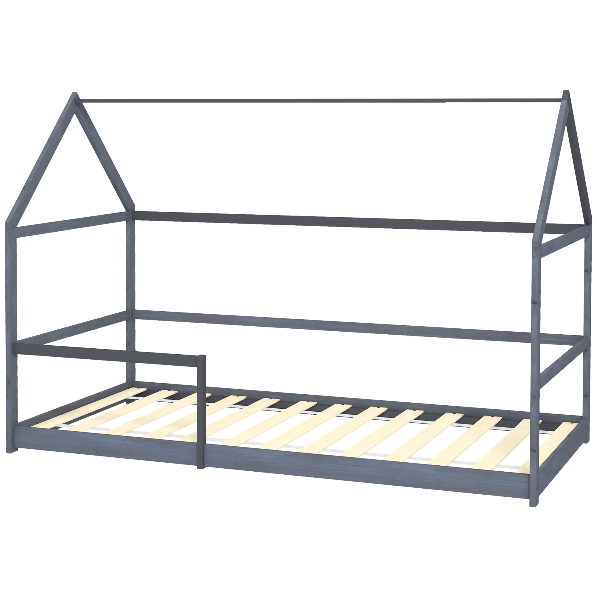 AIYAPLAY Kinderbett Baumhausbett 90x190 cm Kinderbett Kinderhaus aus Holz mit Fallschutz, Lattenrost und Dach inkl., dim. 196L x 97,5B x 135H cm grau   Aosom
