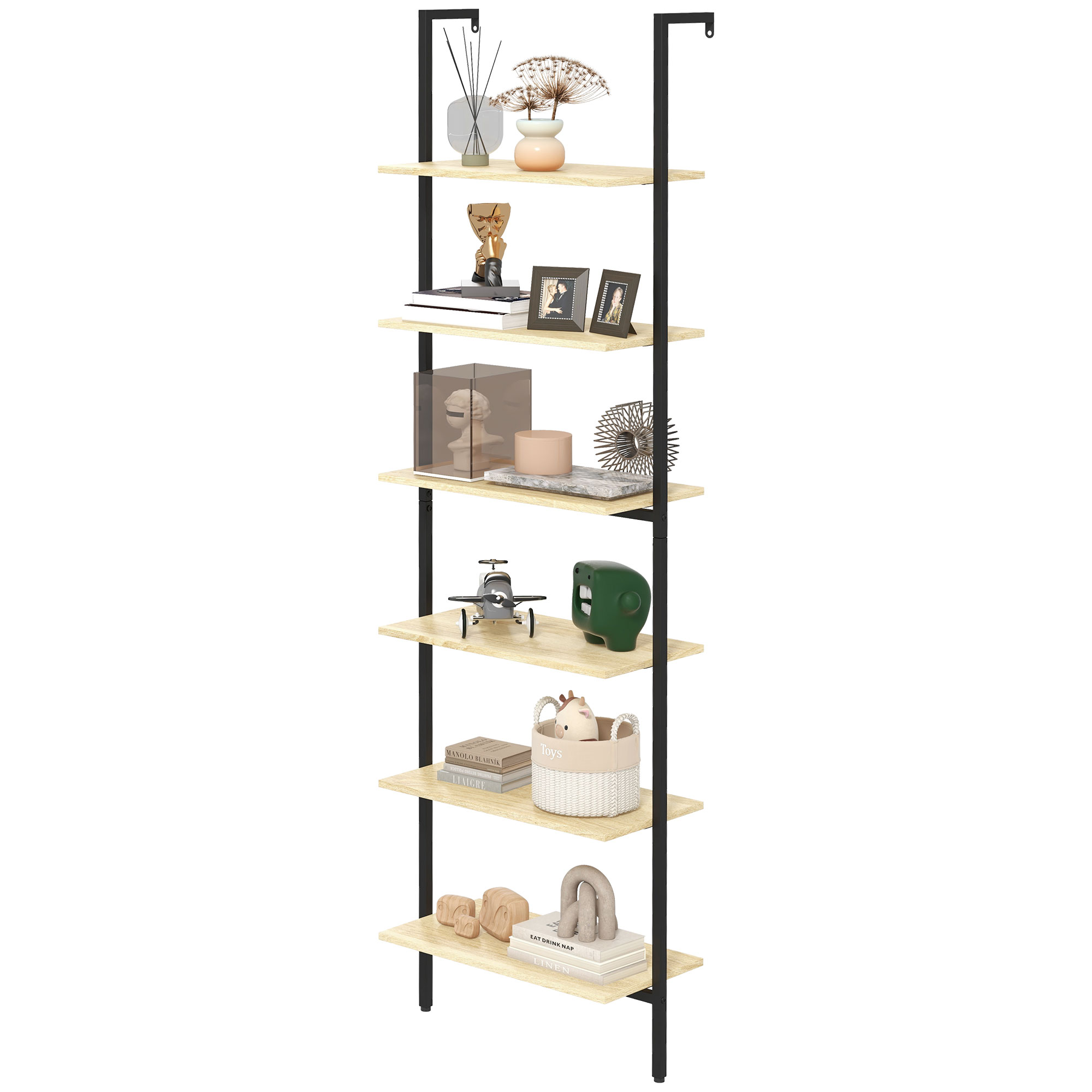 HOMCOM Wandregal Leiterregal Bücherregal Industriestil 6 Regale Schwarzer Stahl Natürliche Holzoptik - Maße 60L x 30B x 206H cm Aosom