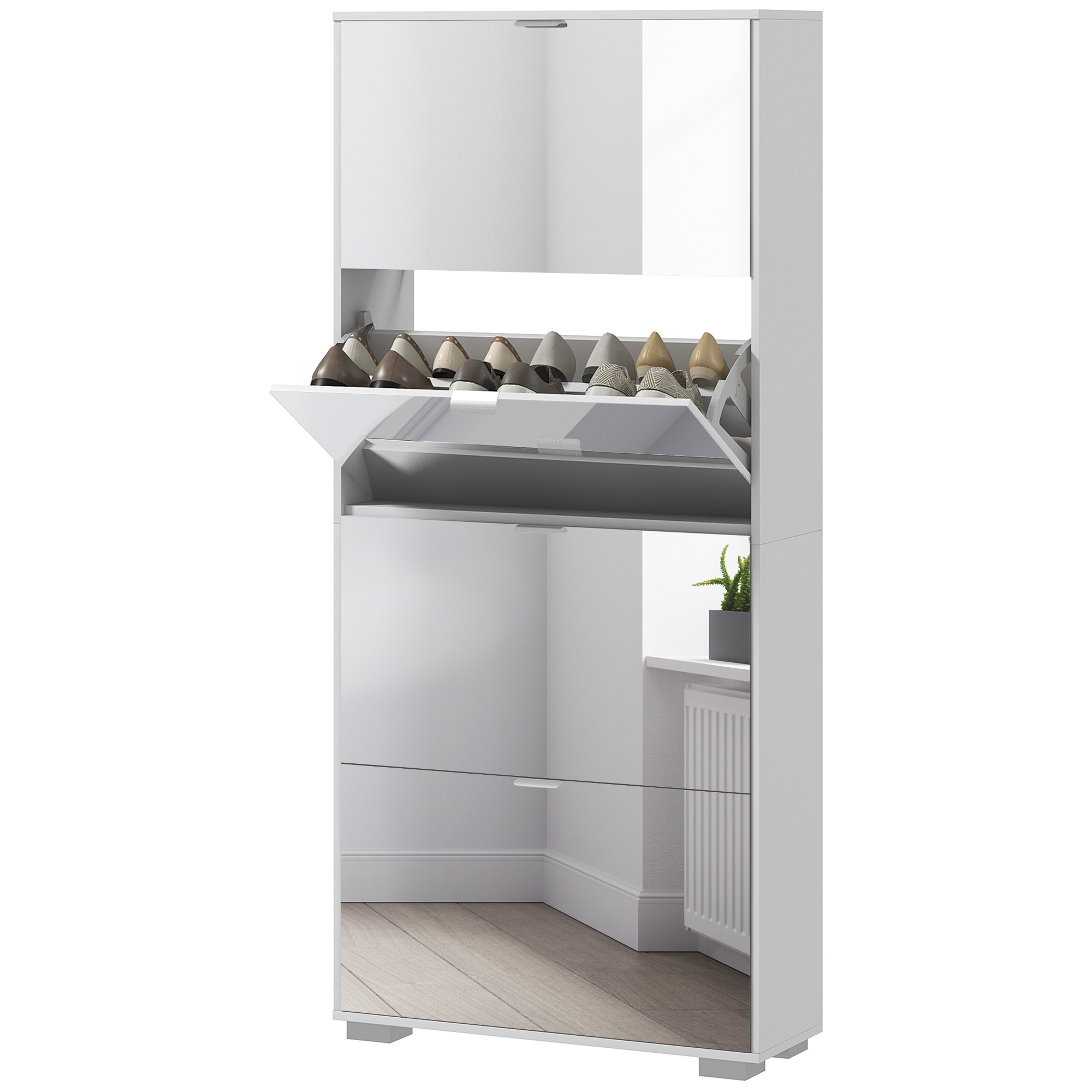 HOMCOM Schuhschrank 2 in 1 Schmaler Schuhschrank mit Spiegelfronten, 4 klapptüren, verstellbare Regale, platzsparend, 76B x 26T x 168H cm weiß Aosom