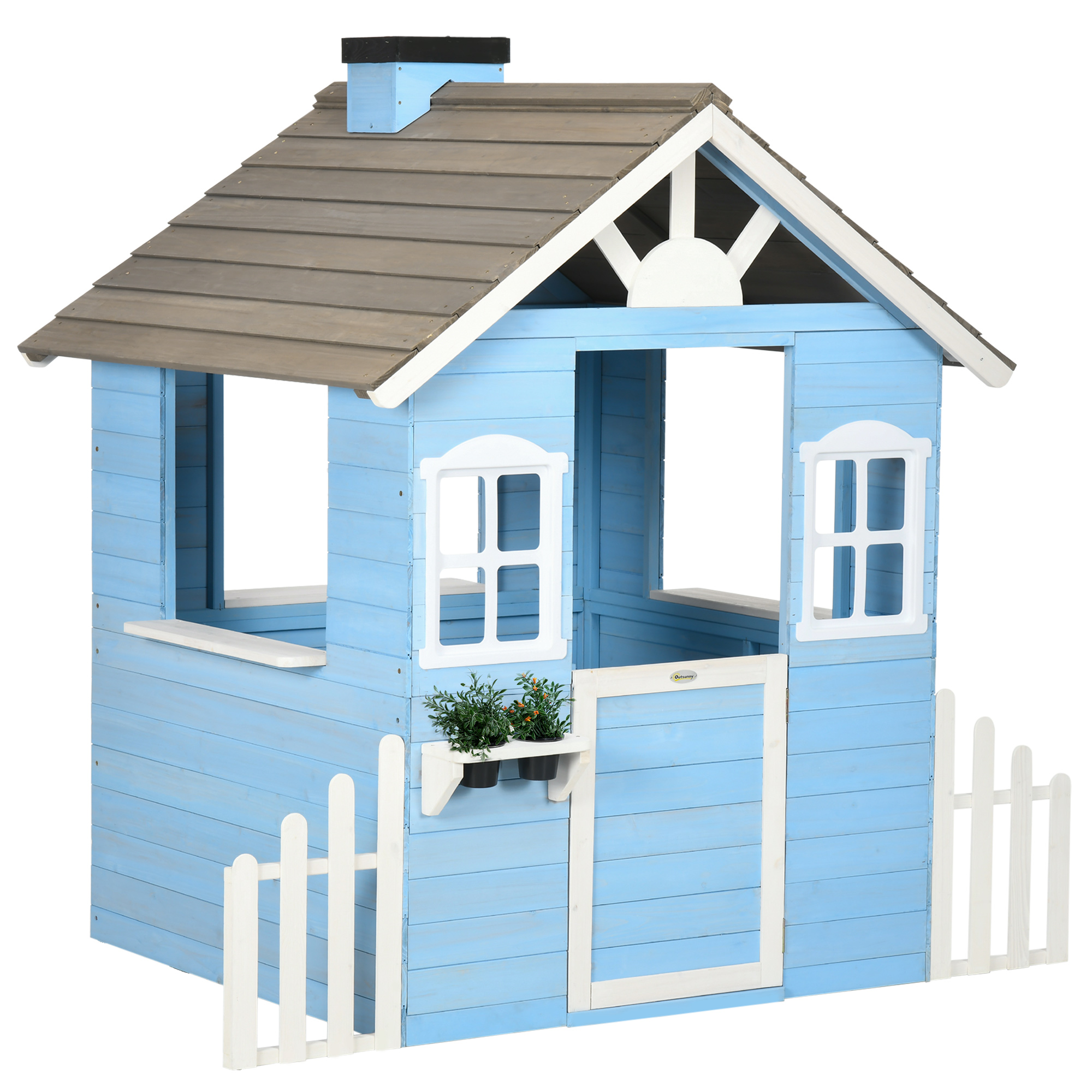 Outsunny Spielhaus für Kinder im Freien Spielhaus aus Holz mit Tür und Fenstern von 3 bis 7 Jahren - Maße 151L x 112,5B x 142H cm blau Aosom